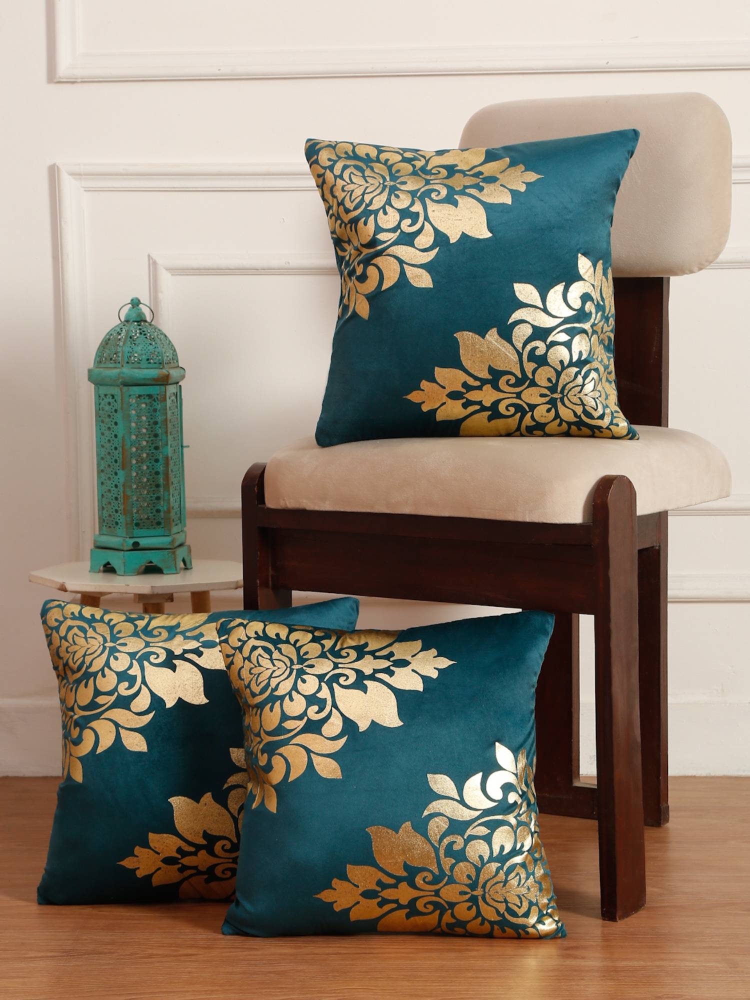 HOSTA HOMES Soft Velvet Golden Foil Printed Cushion Covers Pack Of 3 Teal (16X16Inch)