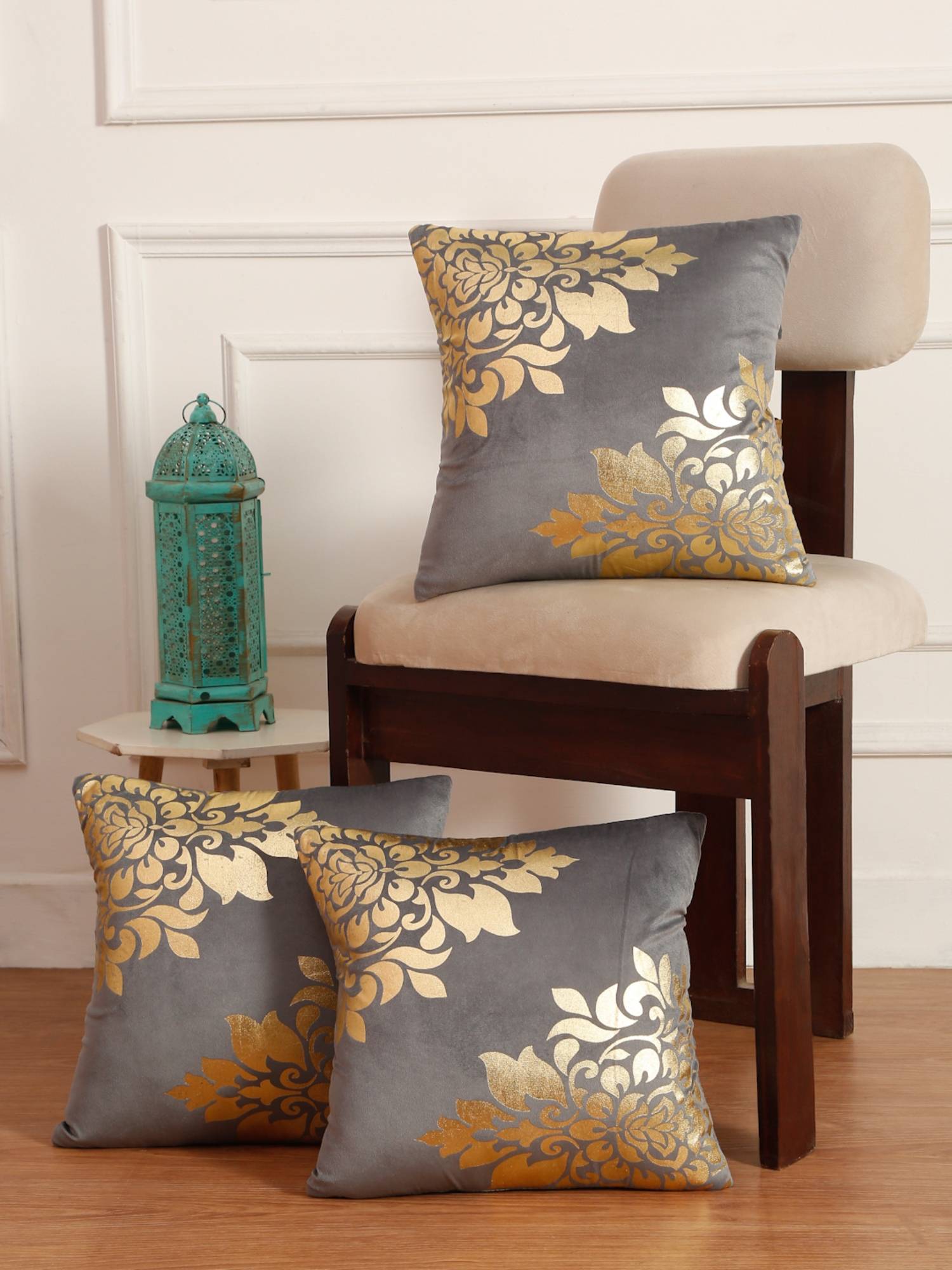HOSTA HOMES Soft Velvet Golden Foil Printed Cushion Covers Pack Of 3 Green (16X16Inch)