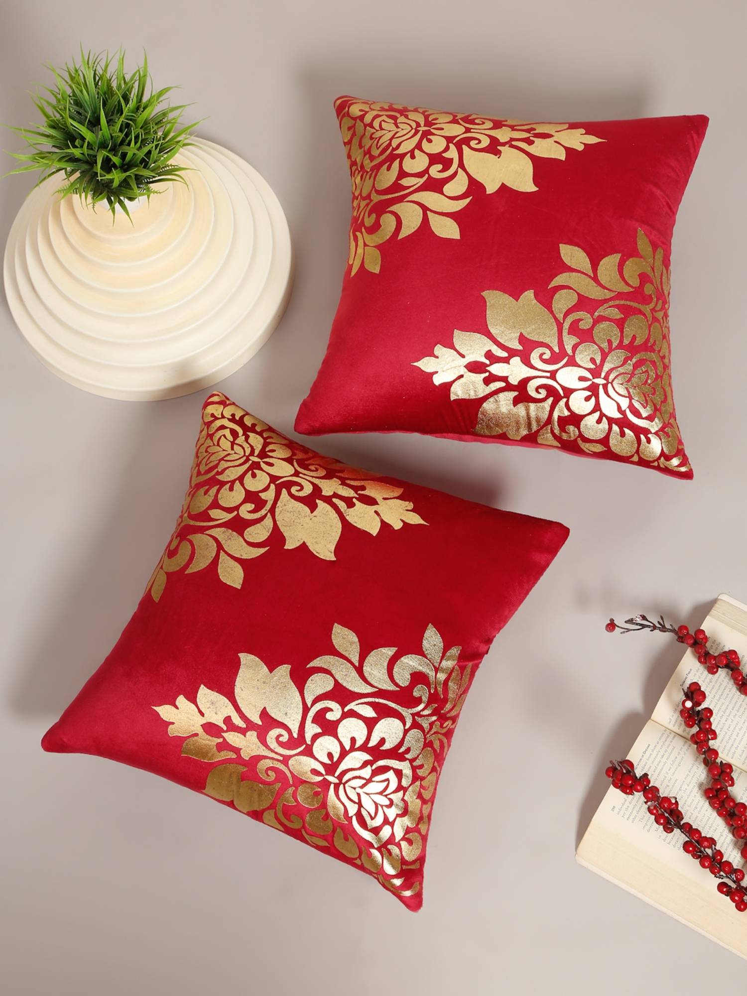 HOSTA HOMES Soft Velvet Golden Foil Printed Cushion Covers Pack Of 2 Maroon (16X16Inch)