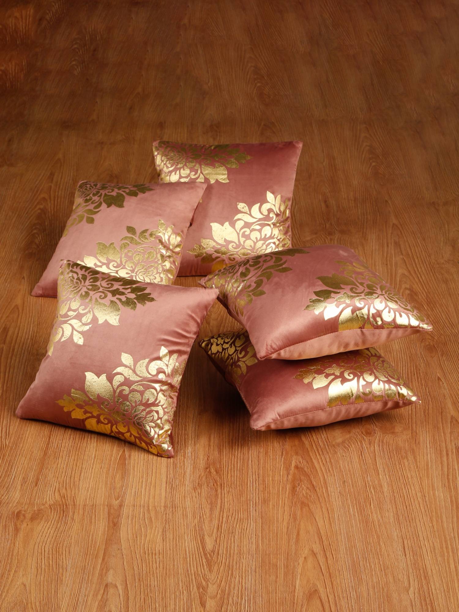HOSTA HOMES Soft Velvet Golden Foil Printed Cushion Covers Pack Of 5 Peach (16X16Inch)