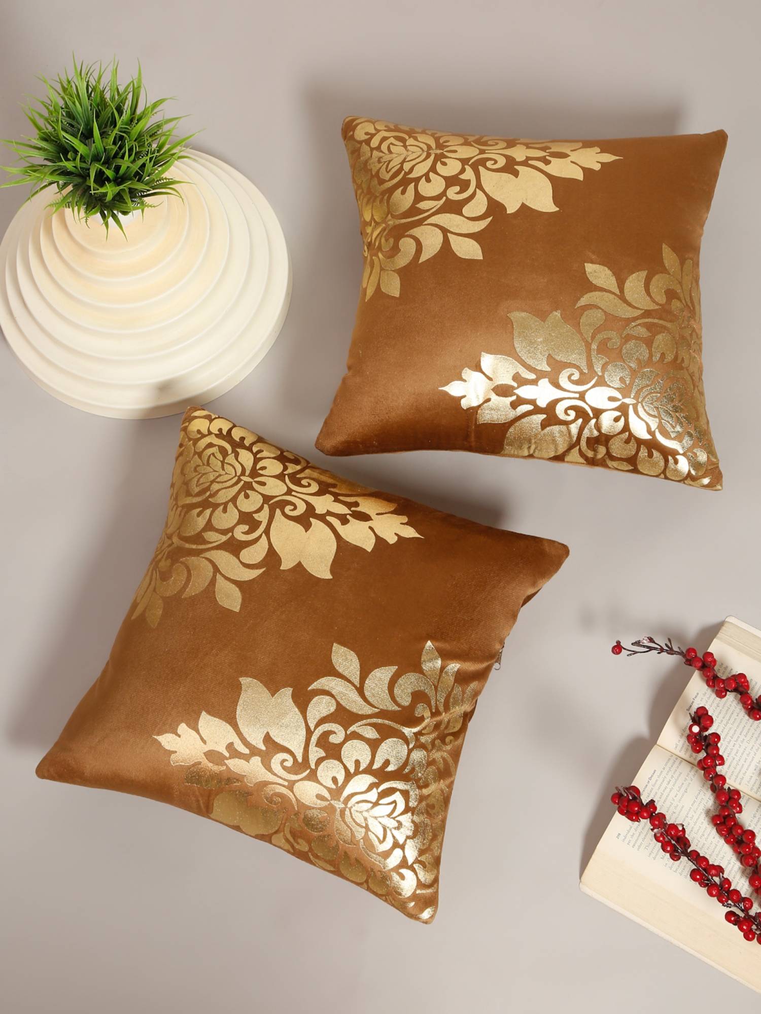 HOSTA HOMES Soft Velvet Golden Foil Printed Cushion Covers Pack Of 2 Rust (16X16Inch)