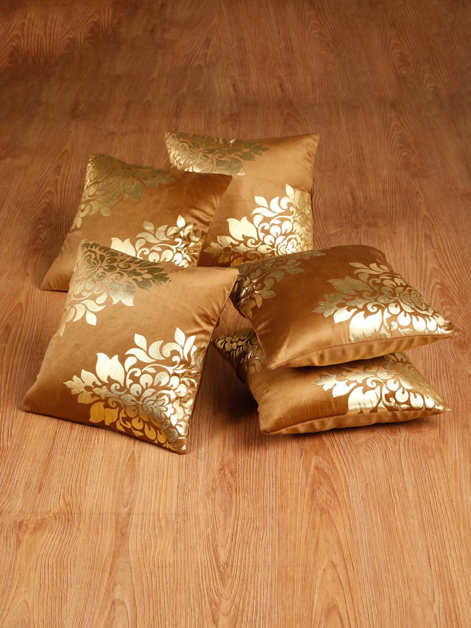 HOSTA HOMES Soft Velvet Golden Foil Printed Cushion Covers Pack Of 5 Rust (16X16Inch)