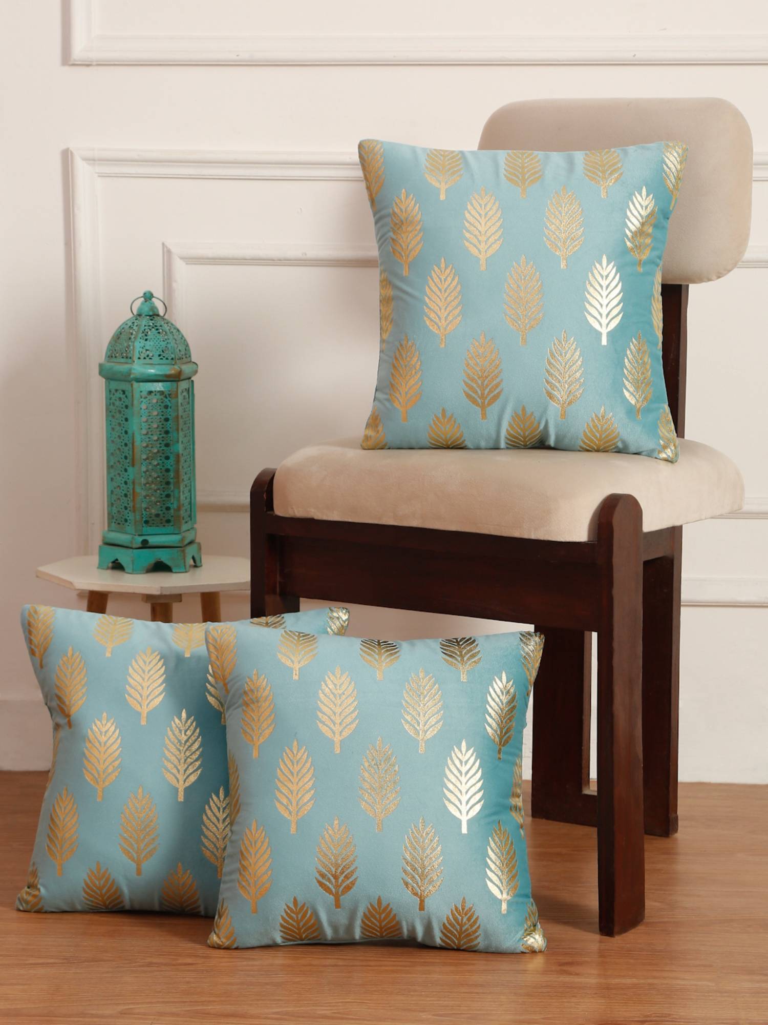 HOSTA HOMES Soft Velvet Golden Foil Printed Cushion Covers Pack Of 3 Aqua (16X16Inch)