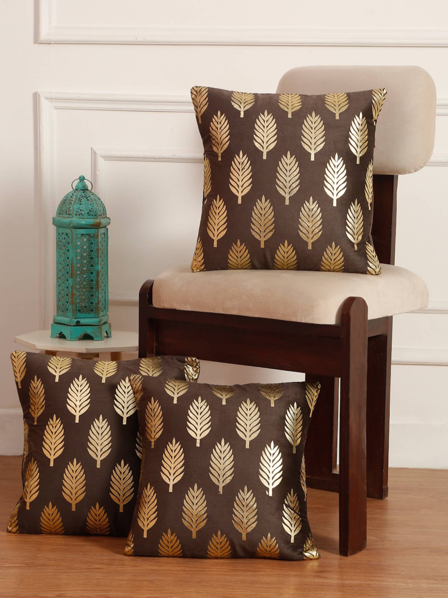HOSTA HOMES Soft Velvet Golden Foil Printed Cushion Covers Pack Of 3 Brown (16X16Inch)