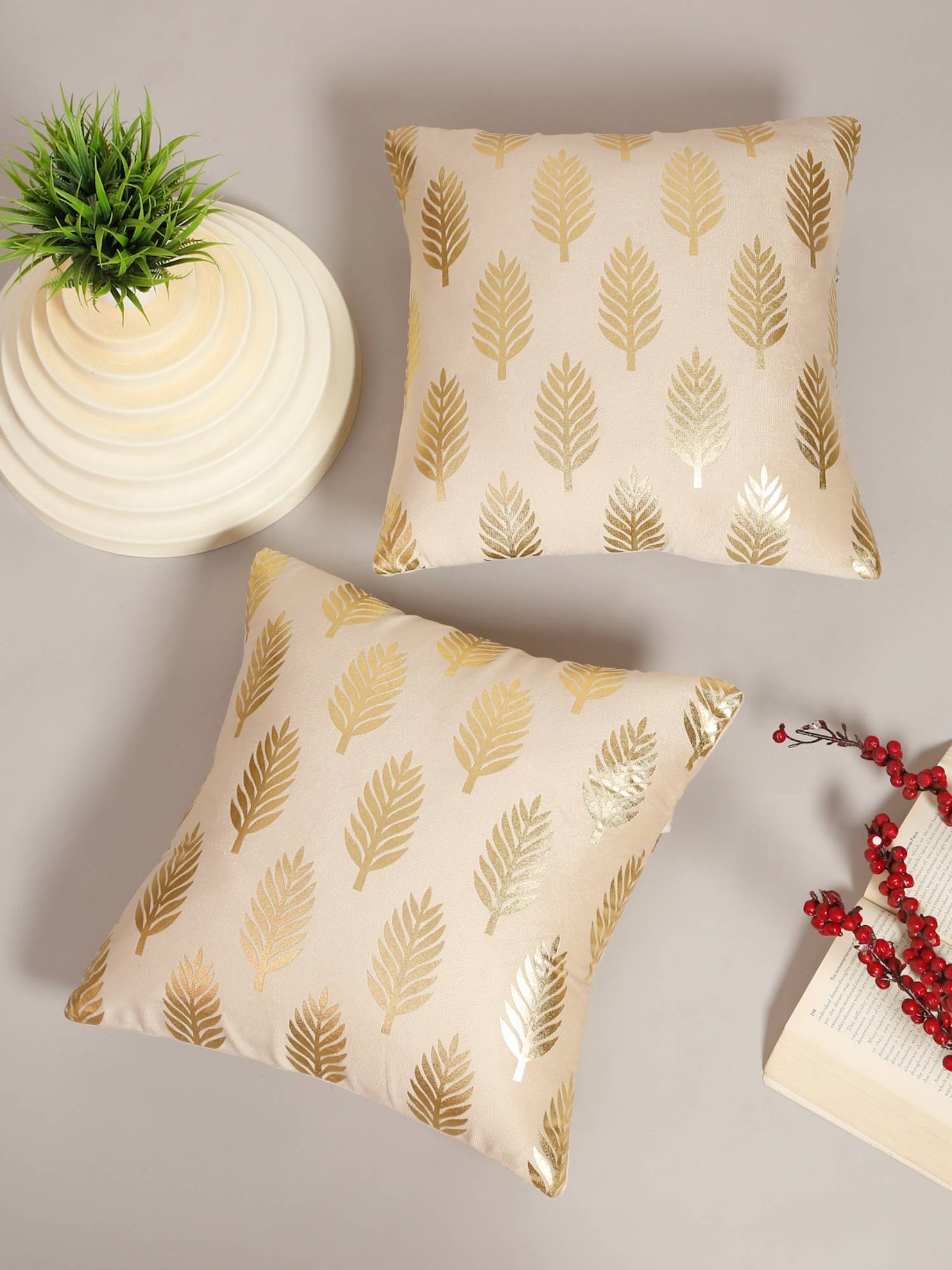 HOSTA HOMES Soft Velvet Golden Foil Printed Cushion Covers Pack Of 2 Cream (16X16Inch)