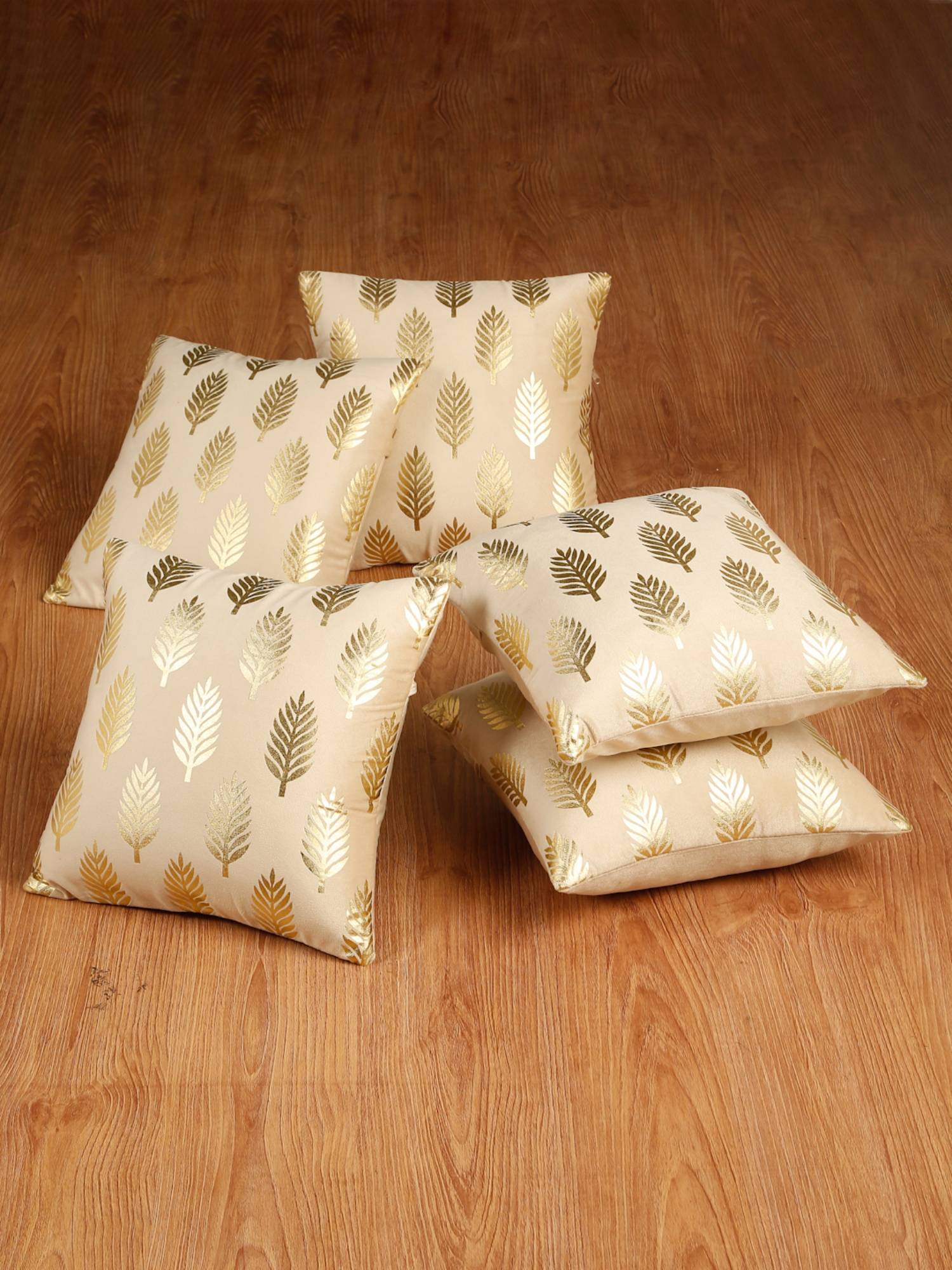 HOSTA HOMES Soft Velvet Golden Foil Printed Cushion Covers Pack Of 5 Cream (16X16Inch)