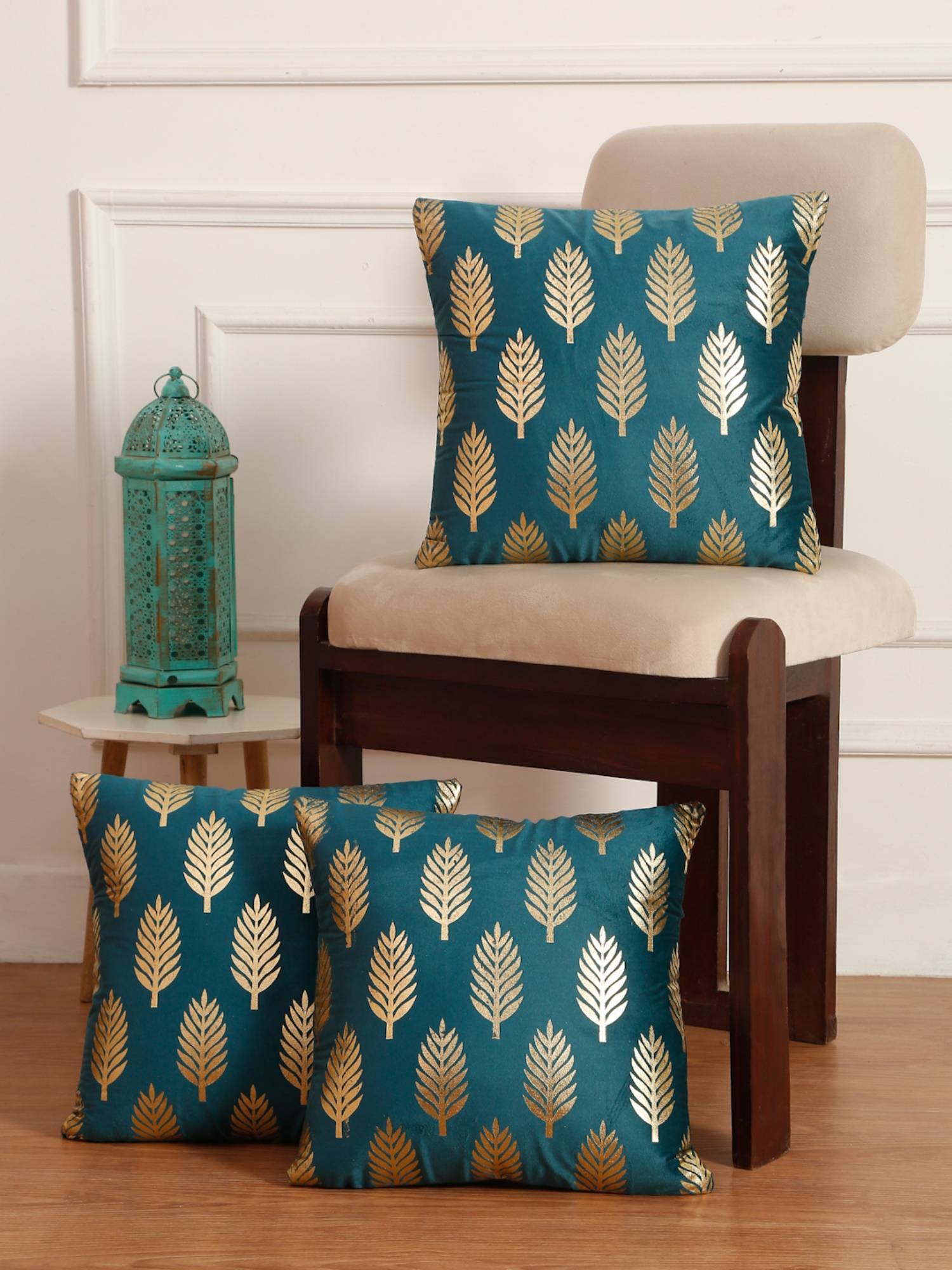 HOSTA HOMES Soft Velvet Golden Foil Printed Cushion Covers Pack Of 3 Teal (16X16Inch)