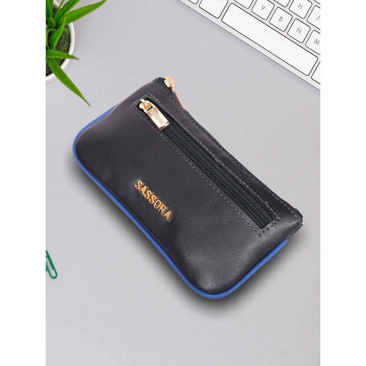 Sassora Genuine Leather Navy Blue Unisex Key Pouch (S)