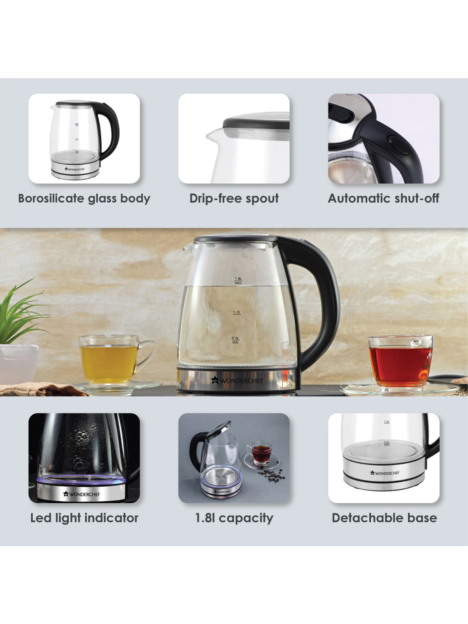 Wonderchef Azure Electric Glass Kettle, Borosilicate Glass Body, 1.8L, 1500W Buy Wonderchef