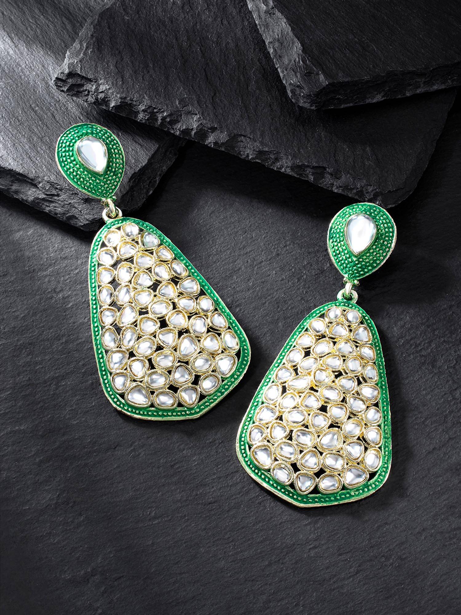Peora Gold Plated White Diamond Shape Crystal Dangle Earrings