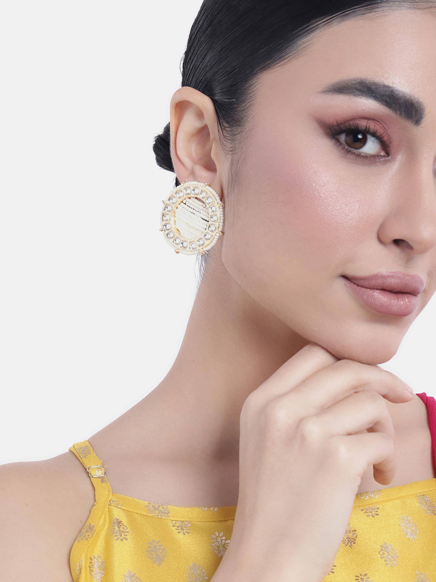 Peora Gold Plated White Kundan Big Round Stud Earrings