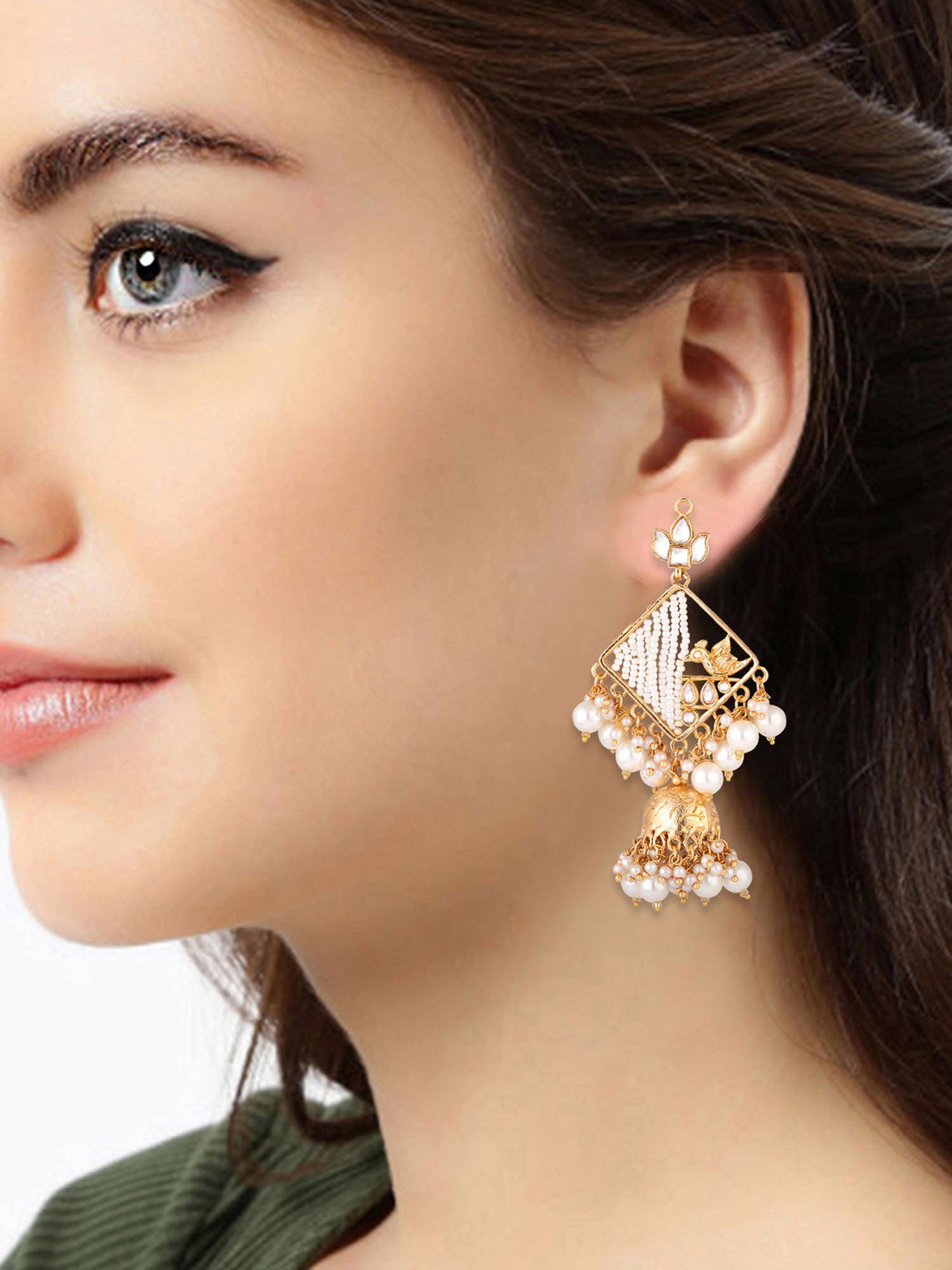 Peora White Kundan Pearl Designer Jhumki Earrings