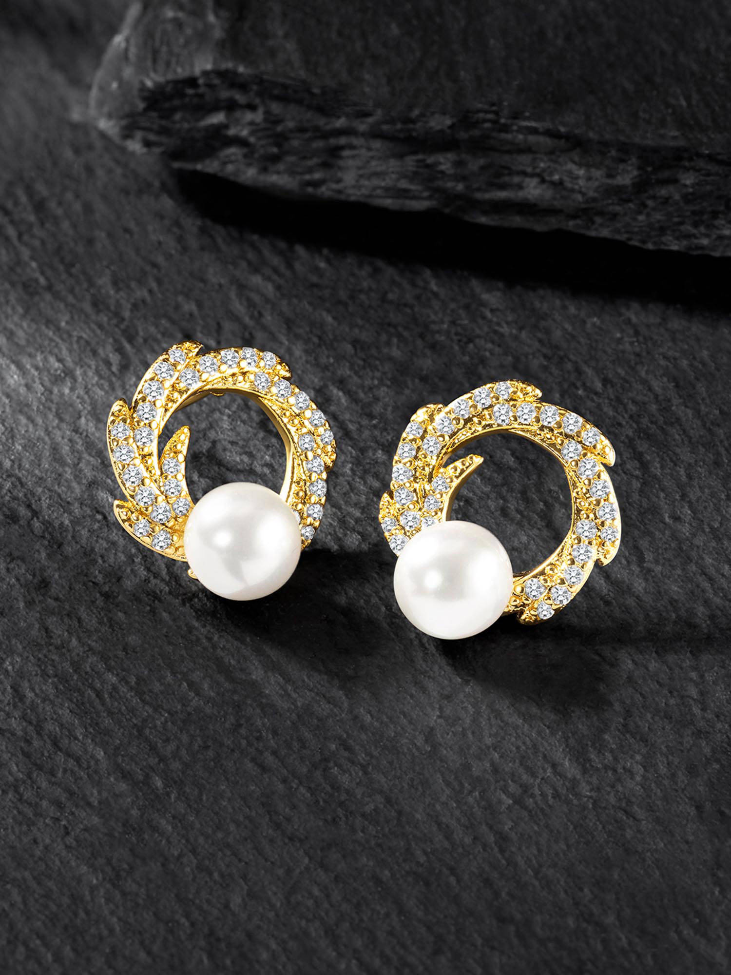 Peora Gold Plated Pearl & Cubic Zirconia Round Stud Earrings