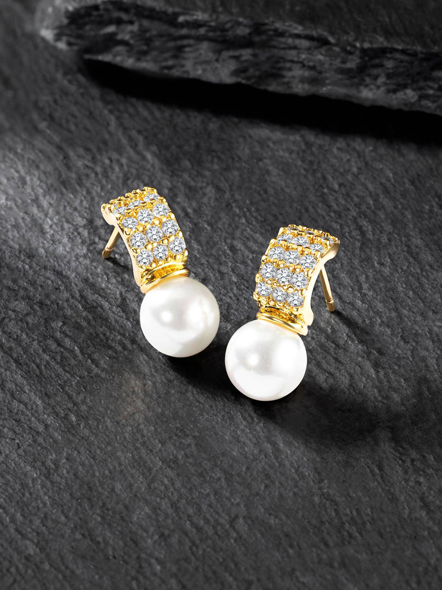 Peora Gold Plated Pearl & Cubic Zirconia Fancy Drop Earrings