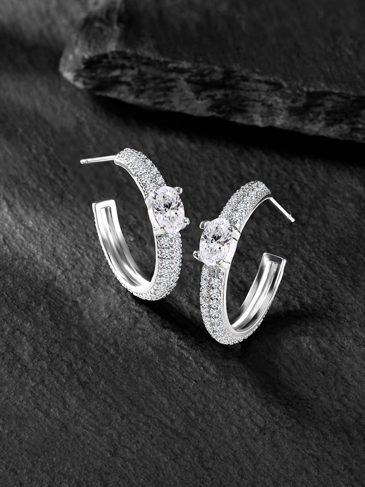 Peora Silver Plated White Cubic Zirconia Fancy Stylish Half Hoop Earrings