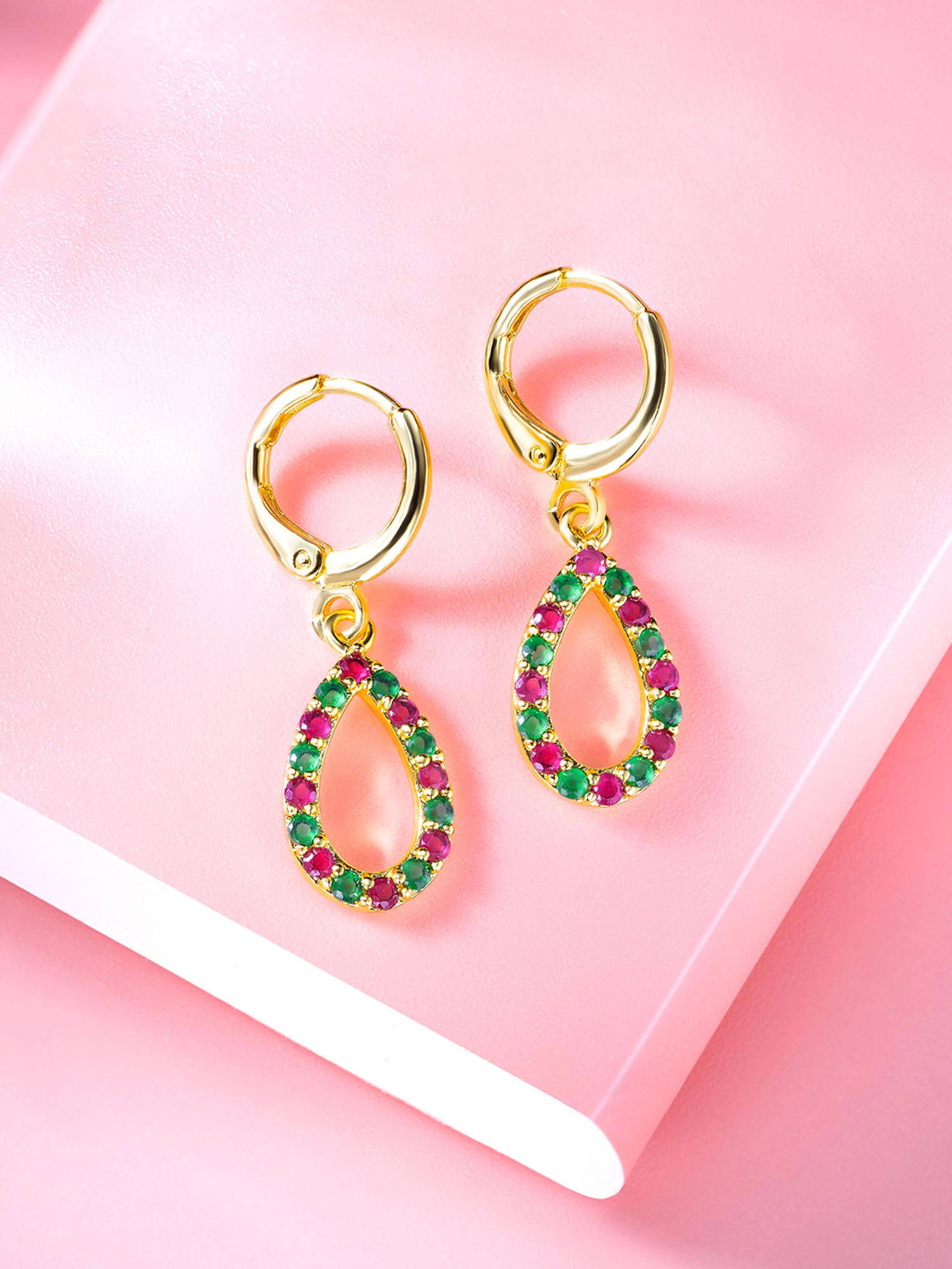 Peora Gold Plated Multi-Color Cubic Zirconia Fancy Hoop Earrings
