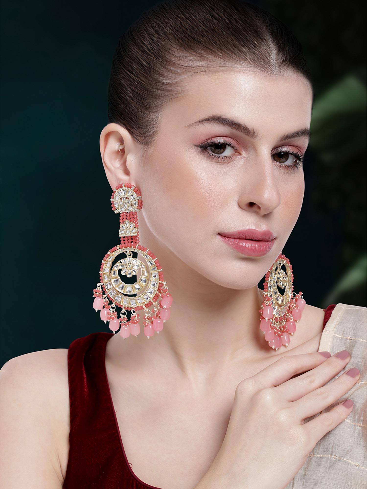 Peora Gold Plated Peach Beads Chandbali Earrings
