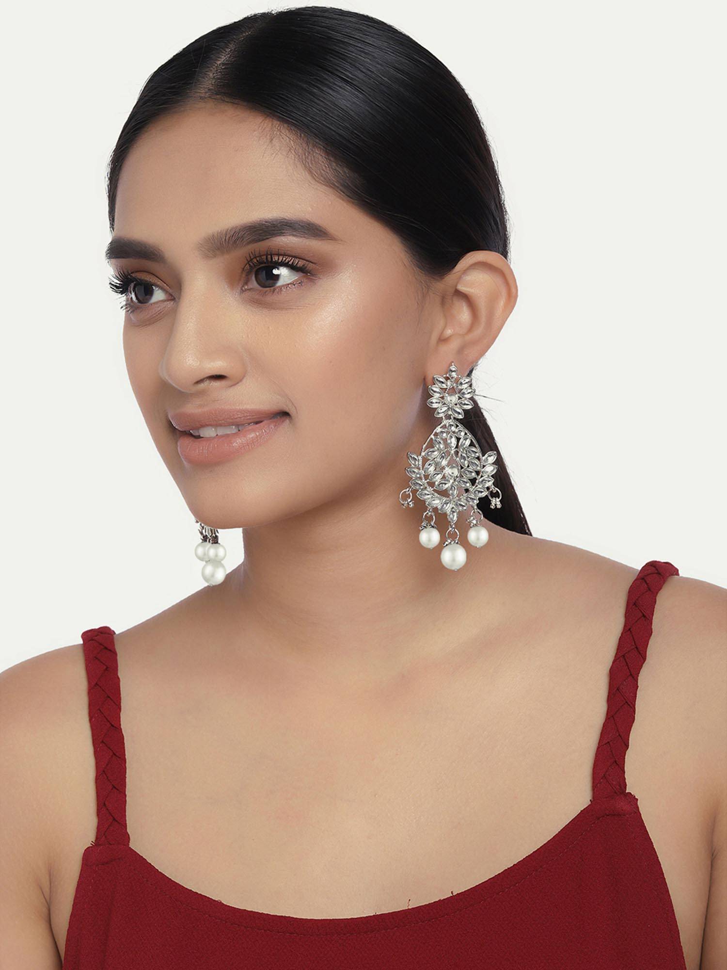 Peora Silver Plated White Stone Dangle Earrings
