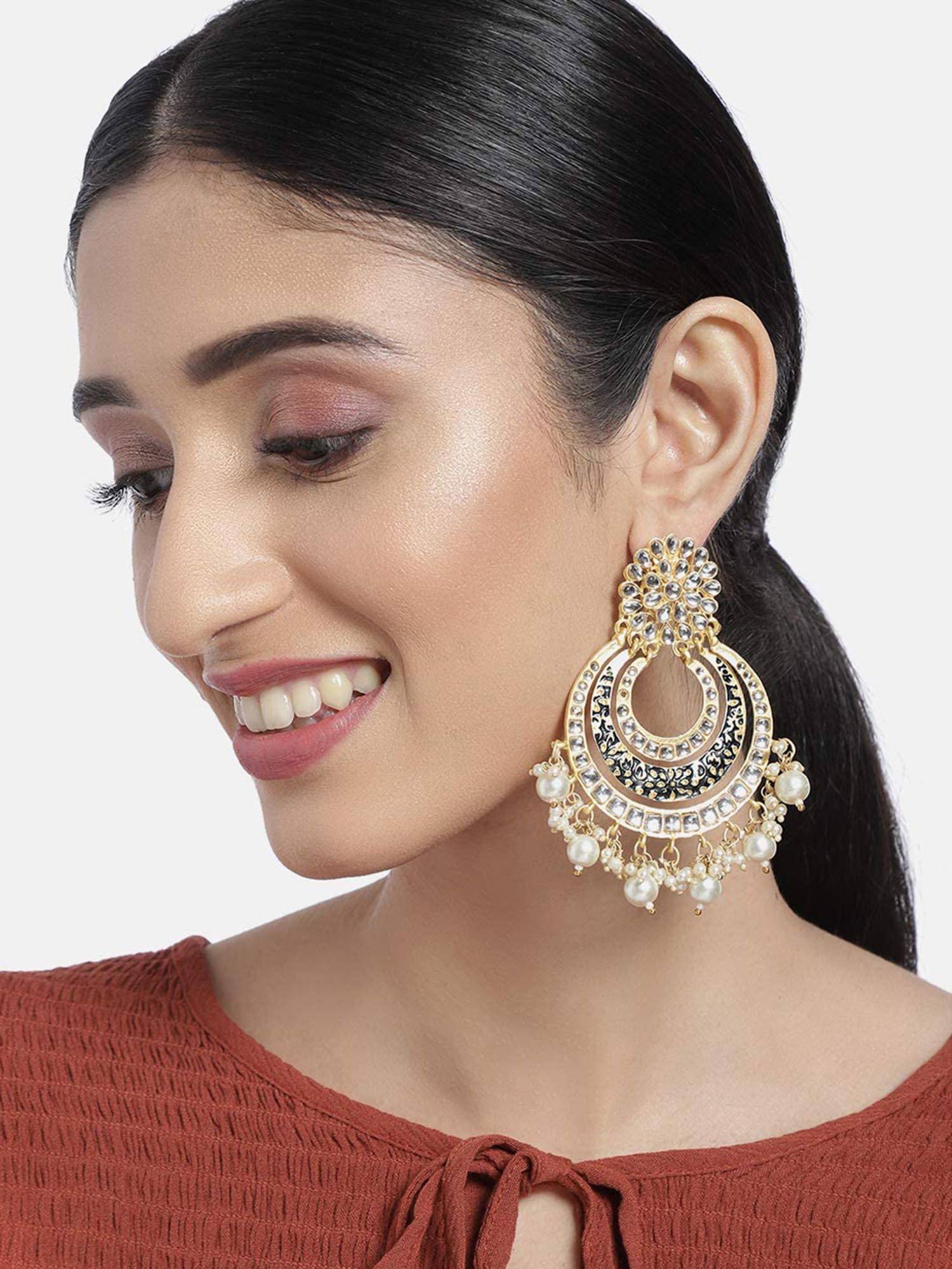 Peora Gold Plated Black Pearls & Stone Chandbali Earrings