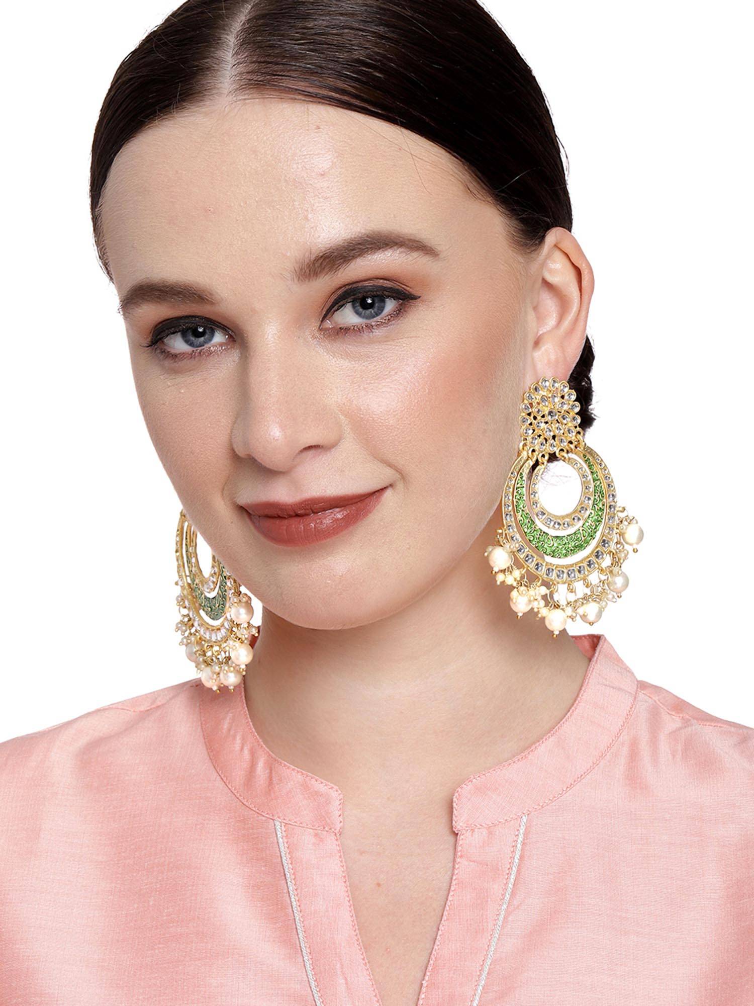 Peora Gold Plated Green Pearls & Stone Chandbali Earrings