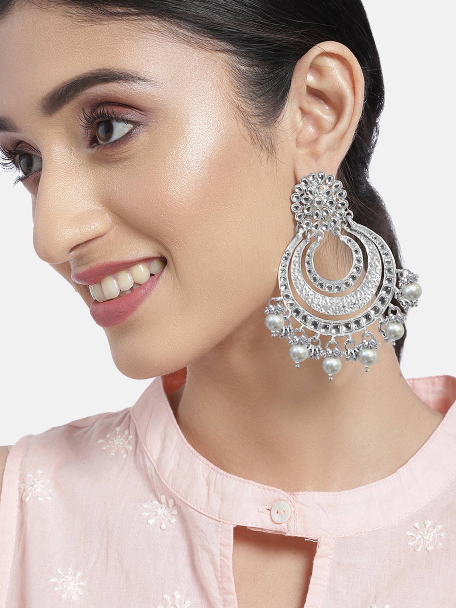 Peora Silver Plated Pearls & Stone Chandbali Earrings