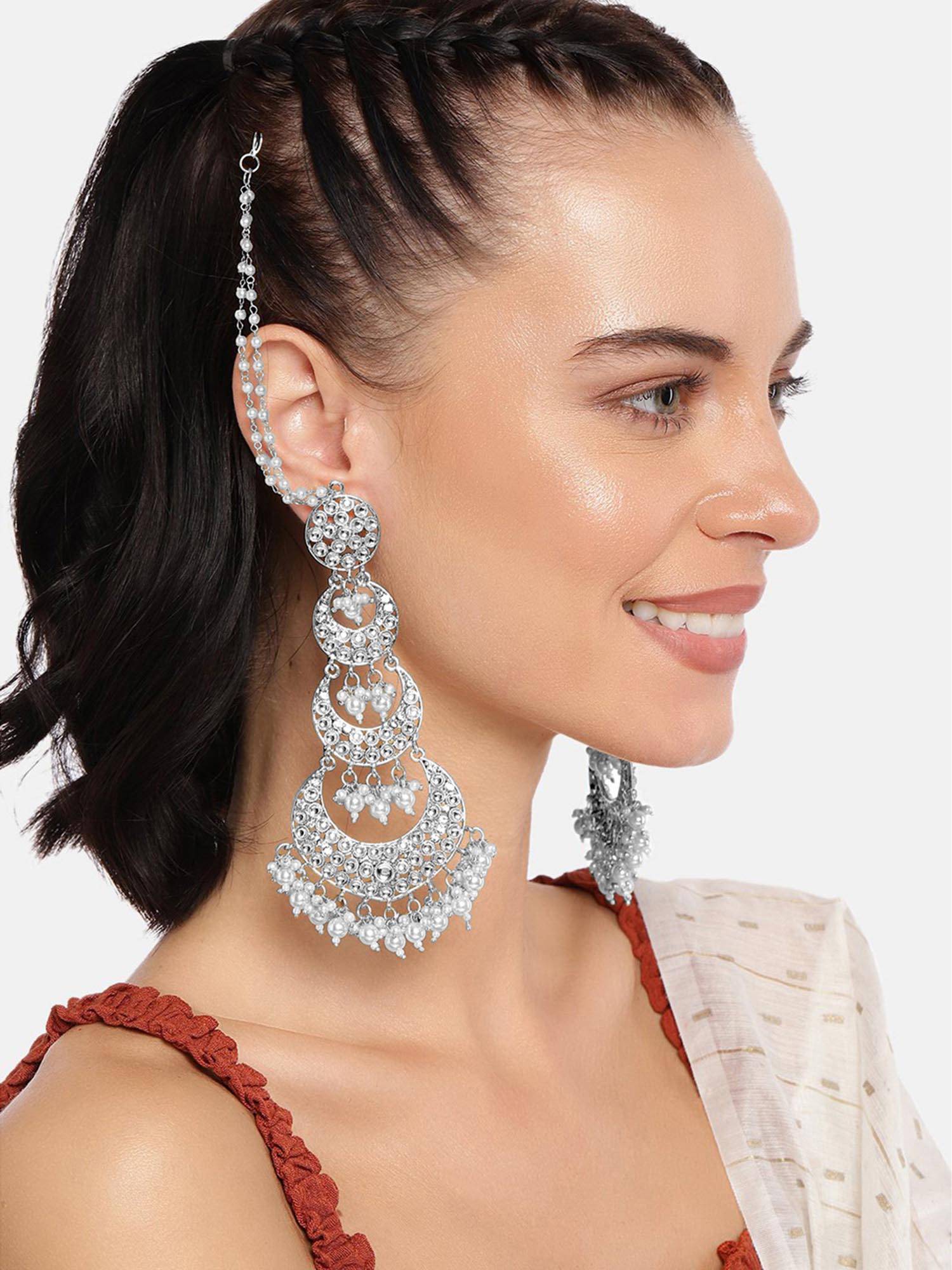 Peora Silver Plated White Pearl & Lariya Long Chandbali Earrings