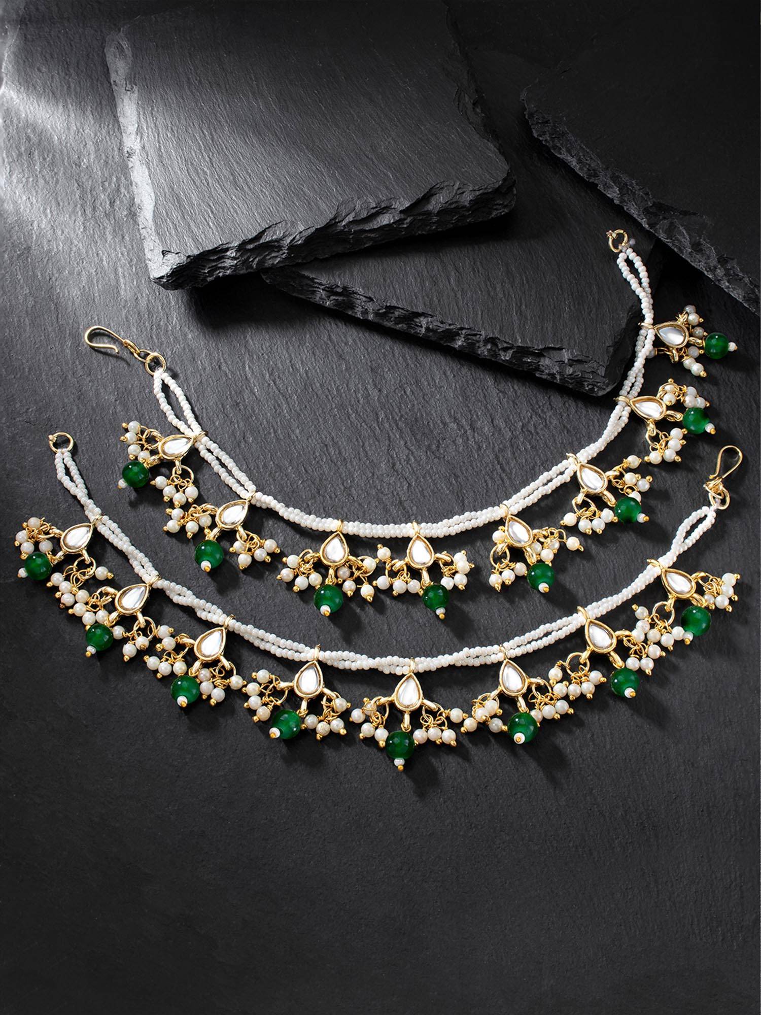 Peora Gold Plated Green Kundan Pearl Dangle Earring Chains