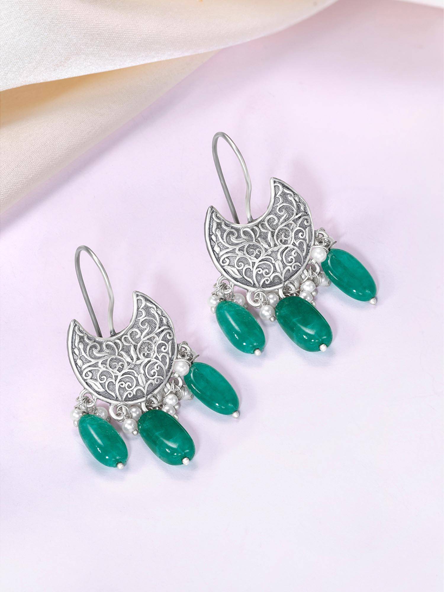Peora Oxidized Silver Plated Green Beads Chandbali Earrings