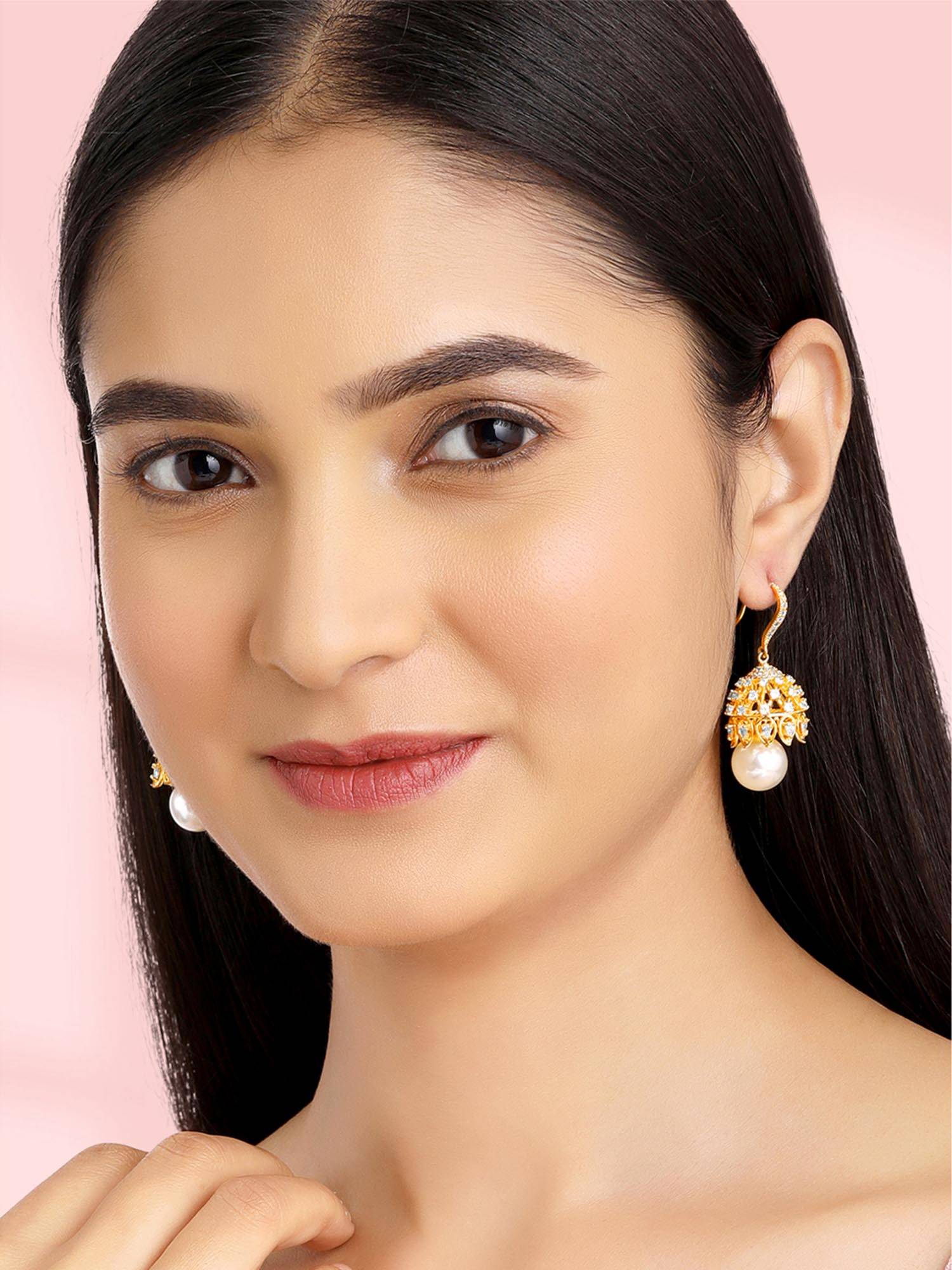 Peora Gold Plated White Cubic Zirconia & Pearl Jhumki Earrings