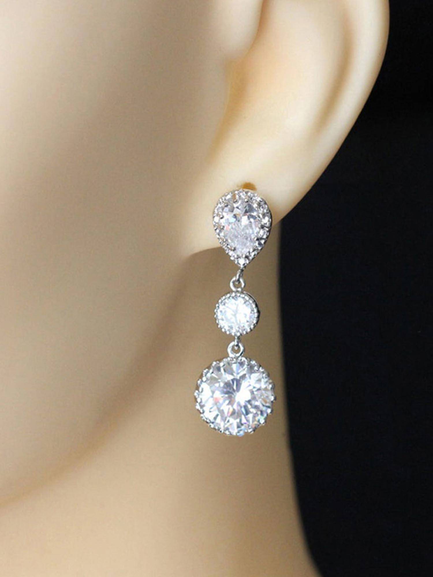 Peora American Diamond Silver Plated White Dangle Earrings