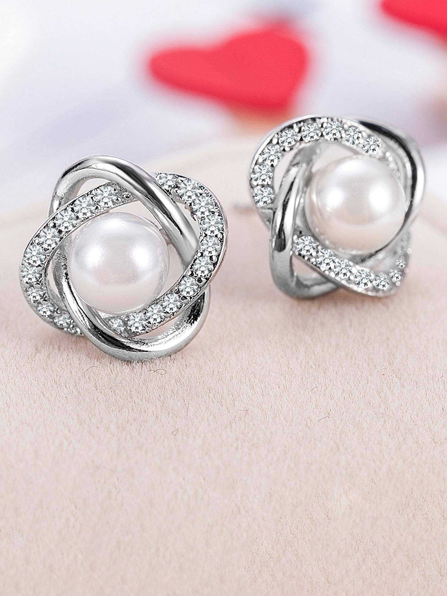 Peora Pearl Silver Plated White Stud Earrings