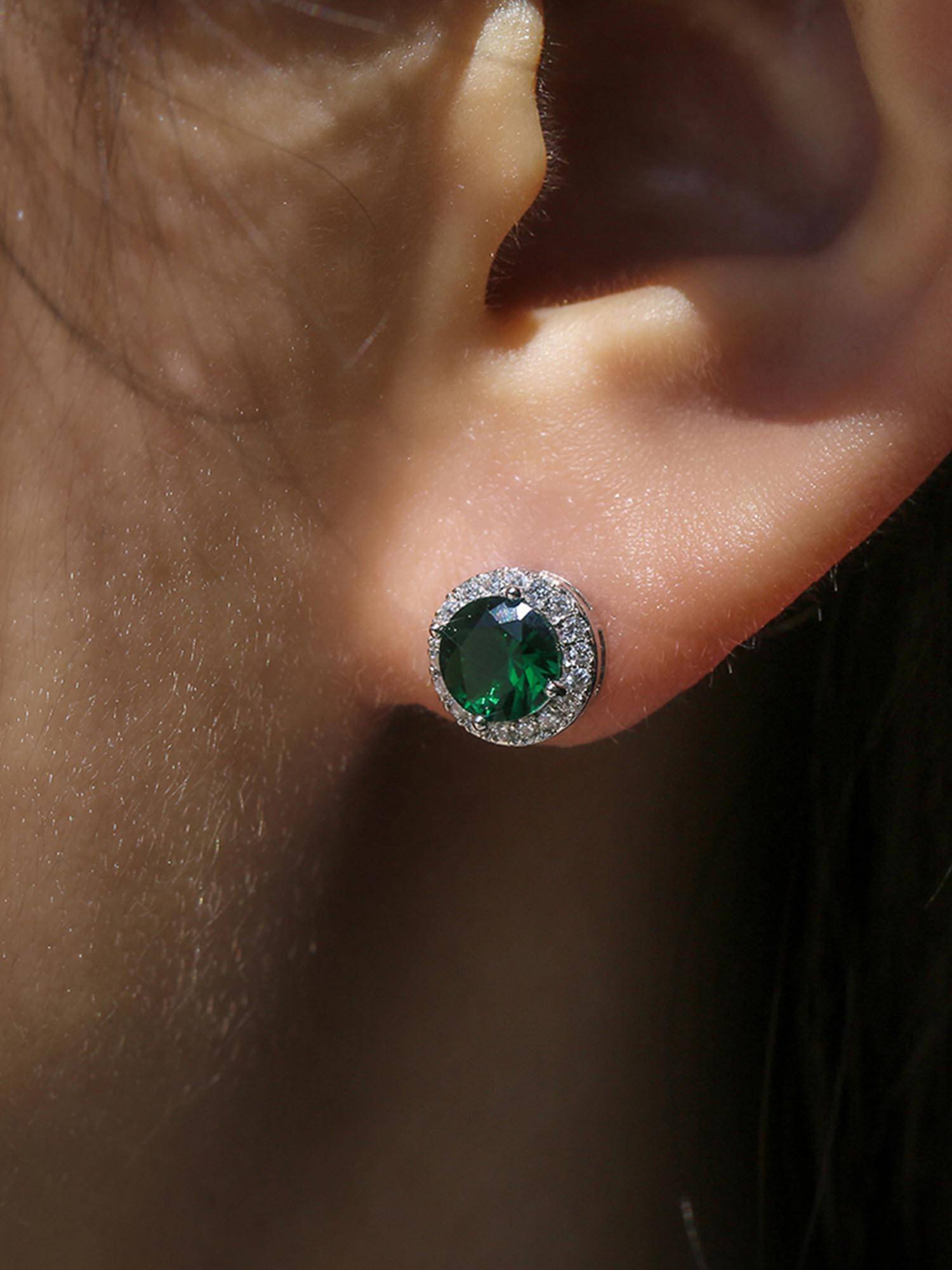 Peora Silver Plated Green American Diamond Stud Earrings