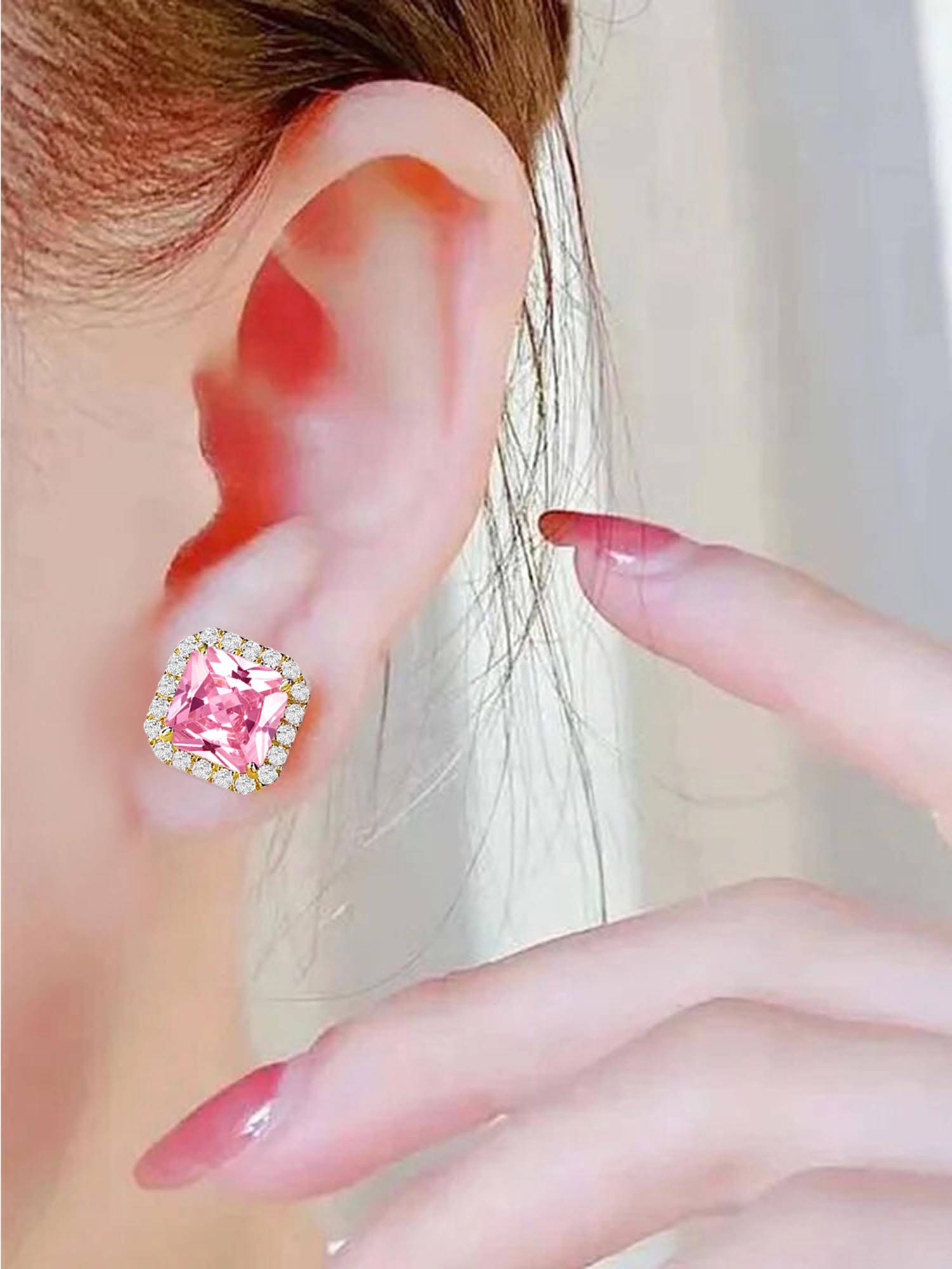 Peora Gold Plated Cubic Zirconia & Pink Crystal Fancy Stud Earrings