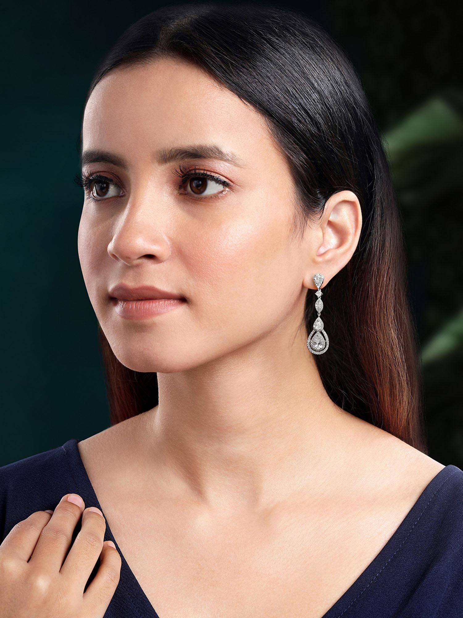 Peora Silver Plated White Cubic Zirconia & Crystal Fancy Drop Earrings