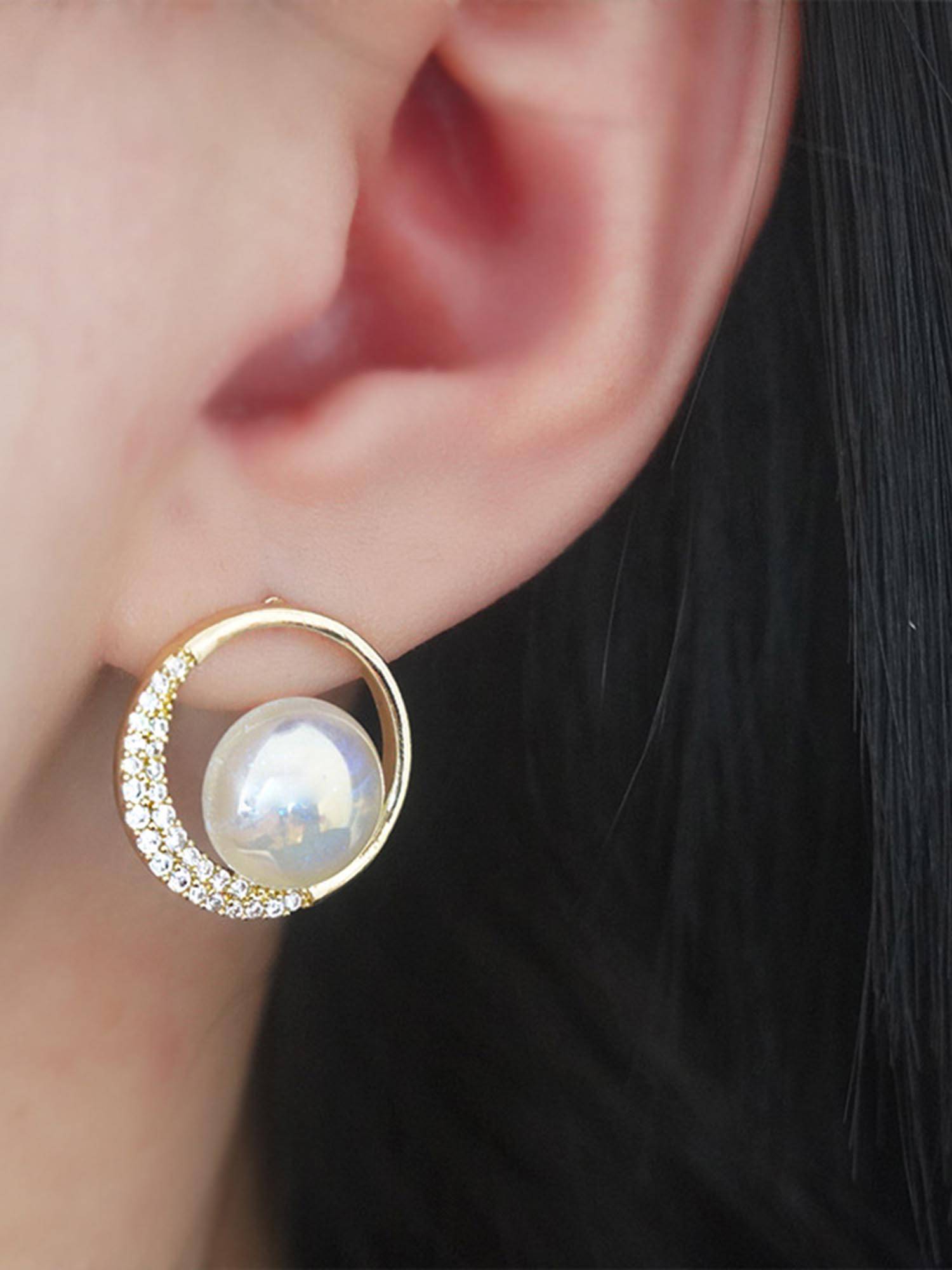 Peora Gold Plated White Cubic Zirconia & Pearl Fancy Round Stud Earrings