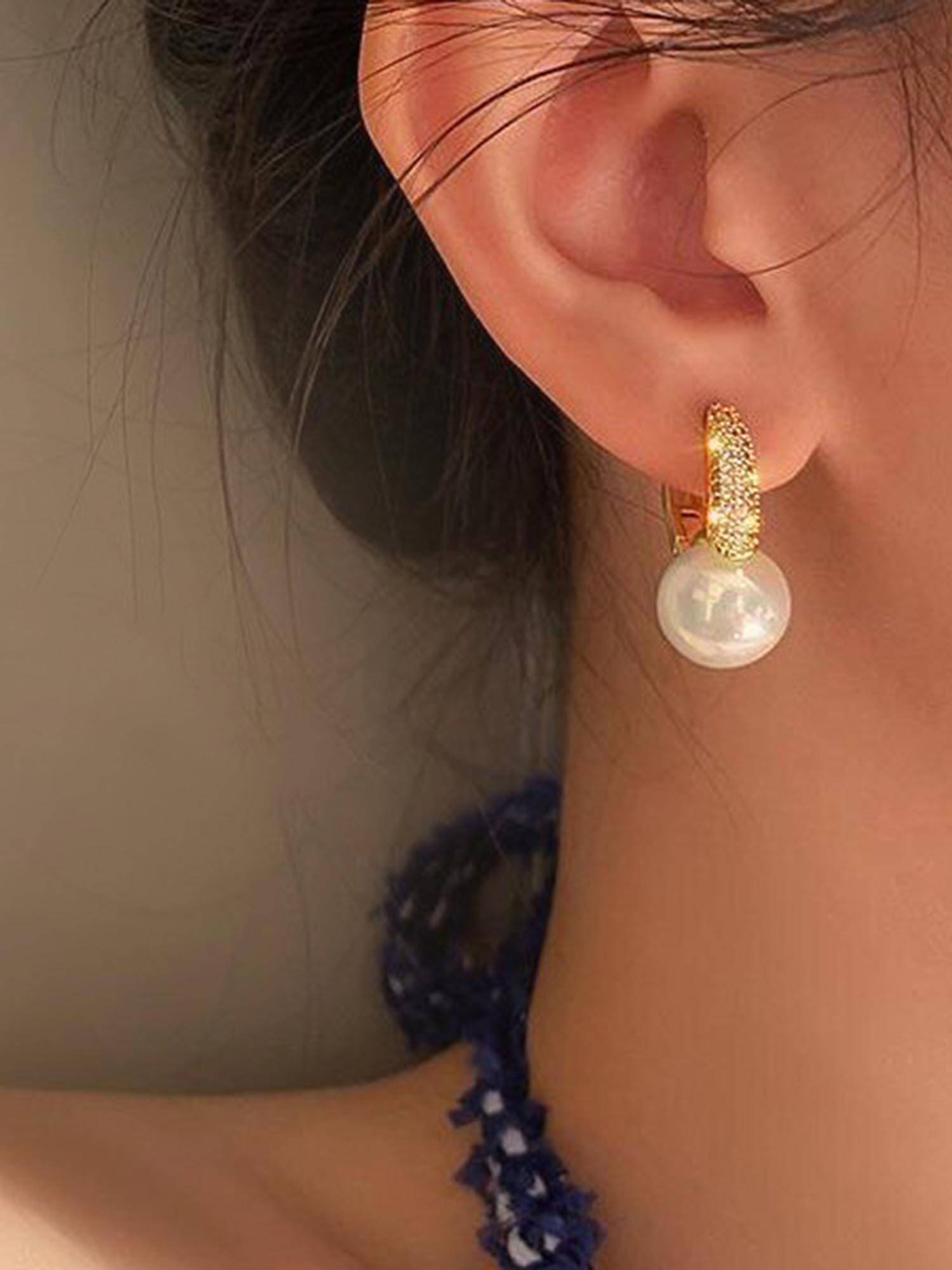 Peora Gold Plated White Cubic Zirconia & Pearl Fancy Hoop Earrings