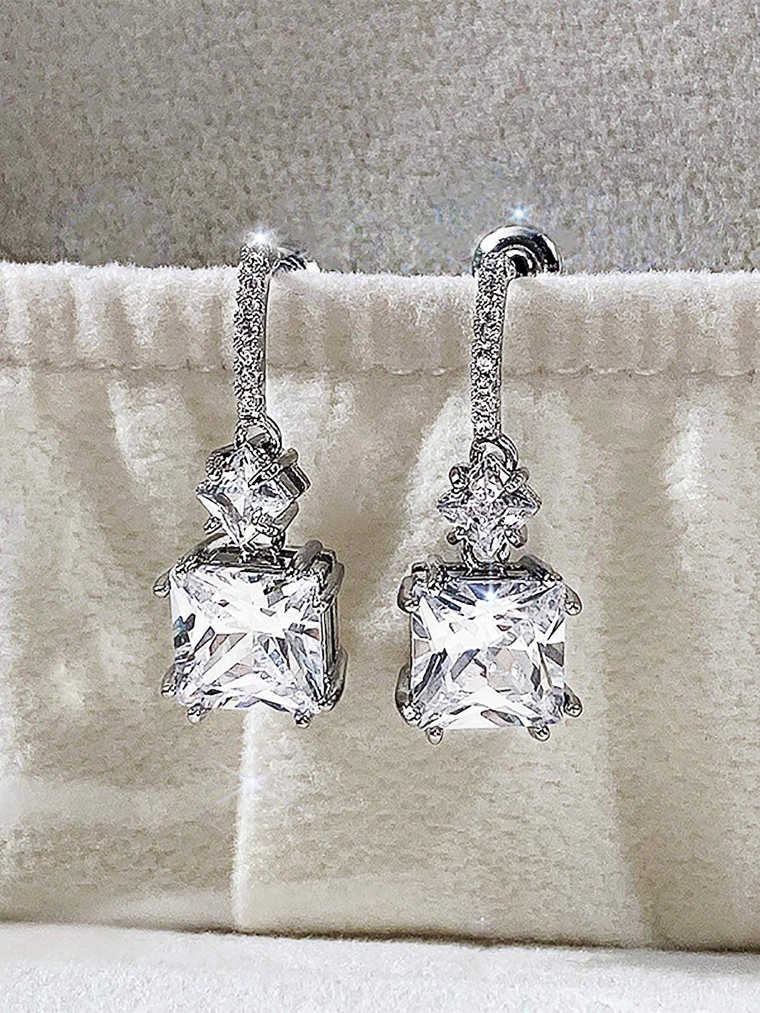 Peora American Diamond Silver Plated White Drop Earrings