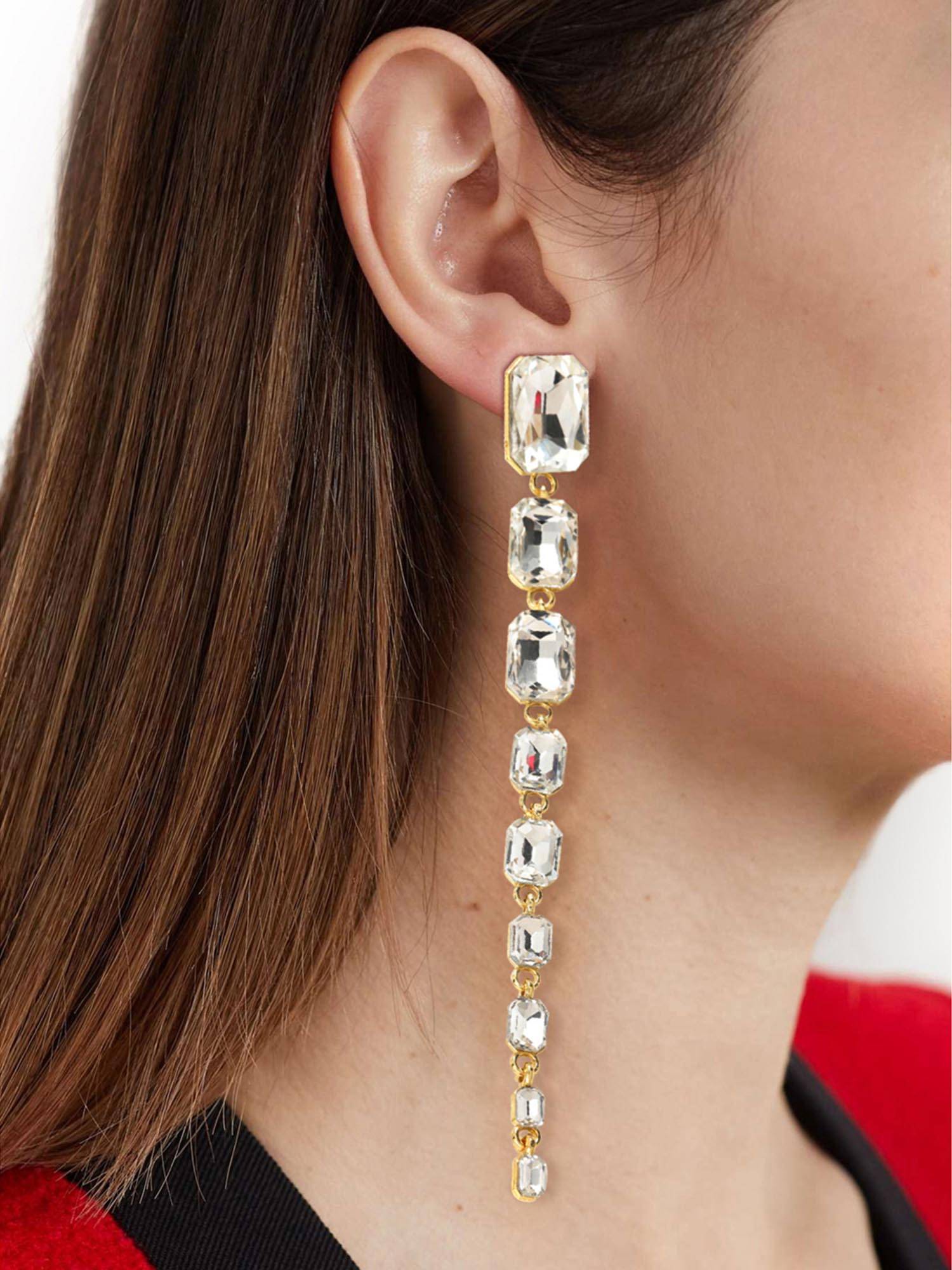 Peora Gold Plated White Crystal Long Dangle Earrings