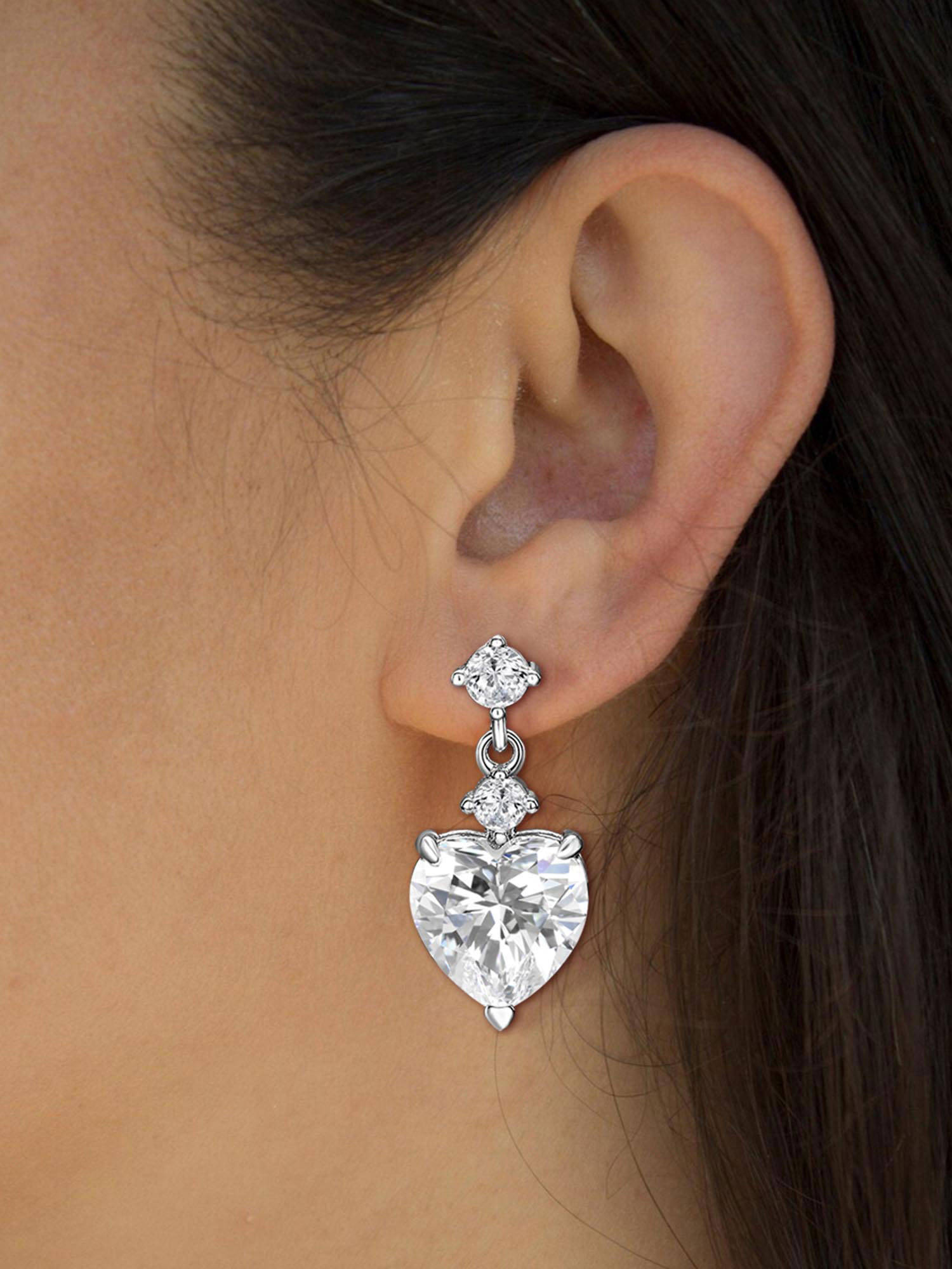 Peora White Crystal Heart Shaped Drop Earrings