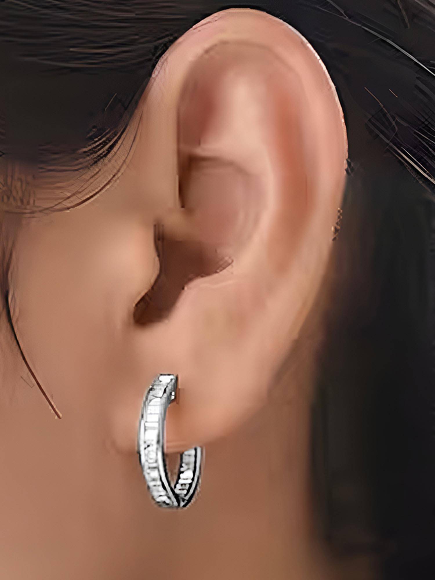 Peora Silver Plated White Baguette Round Hoop Earrings