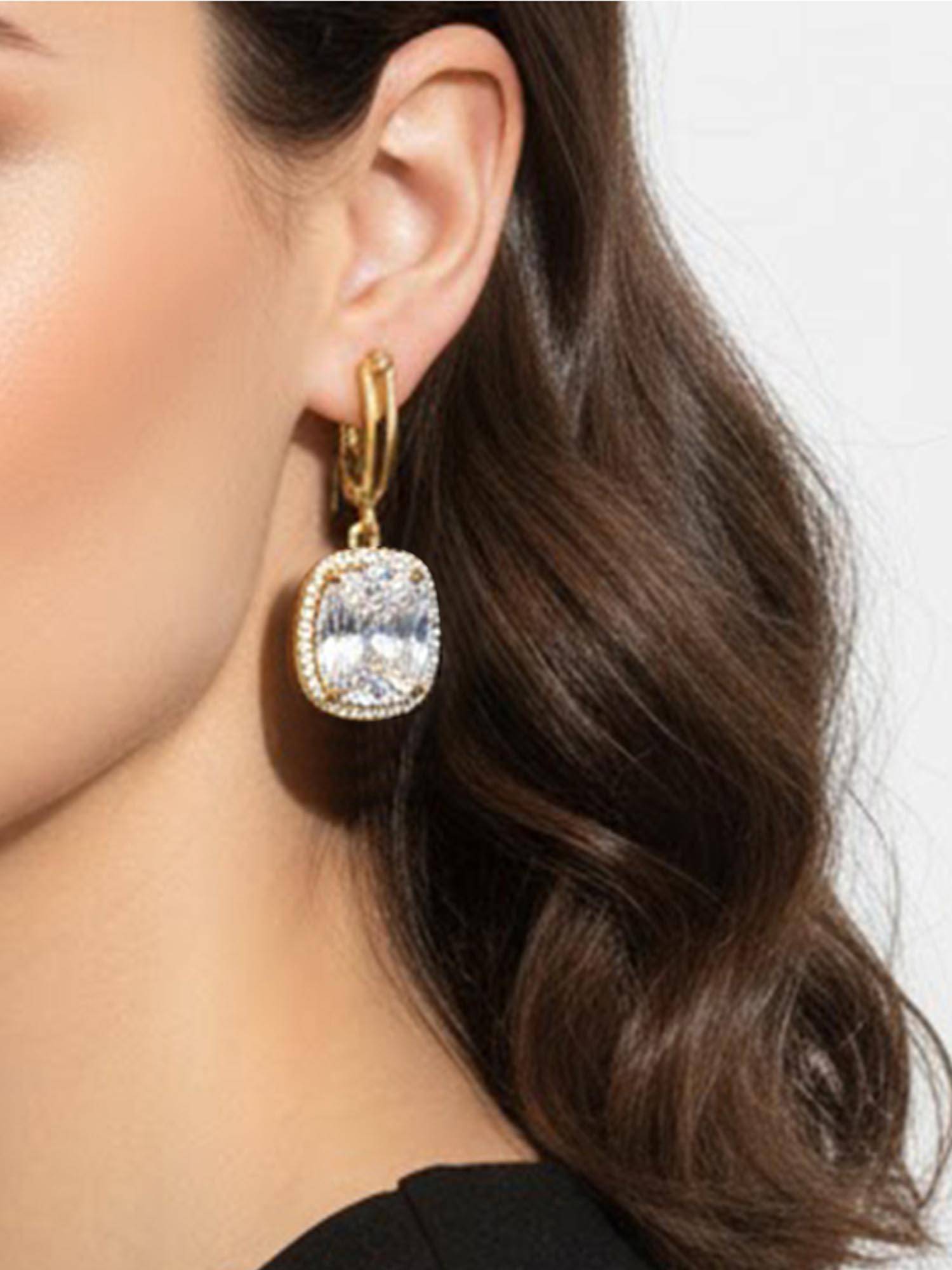 Peora Gold Plated White Crystals Fancy Hoop Earrings