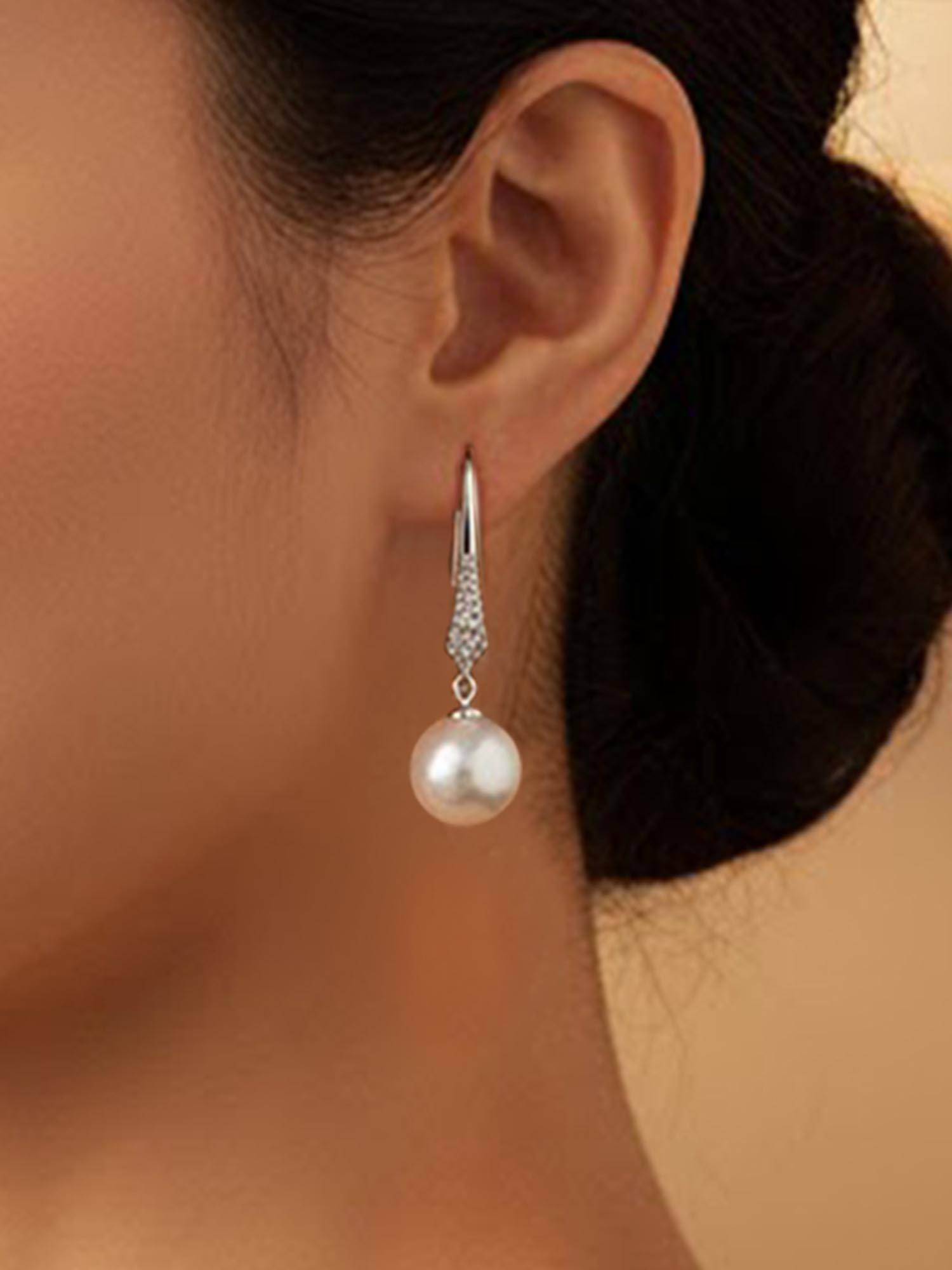 Peora Silver Plated White Pearl Fancy Drop Earrings
