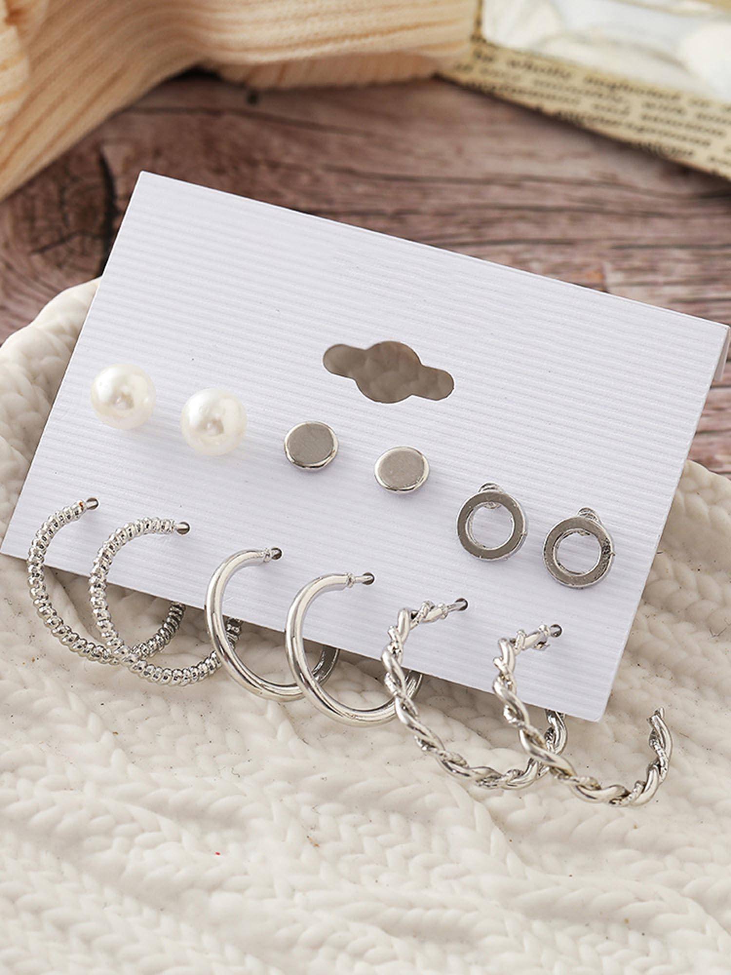 Peora Pearl Silver Plated Stud & Hoop Earrings (Pack of 6)