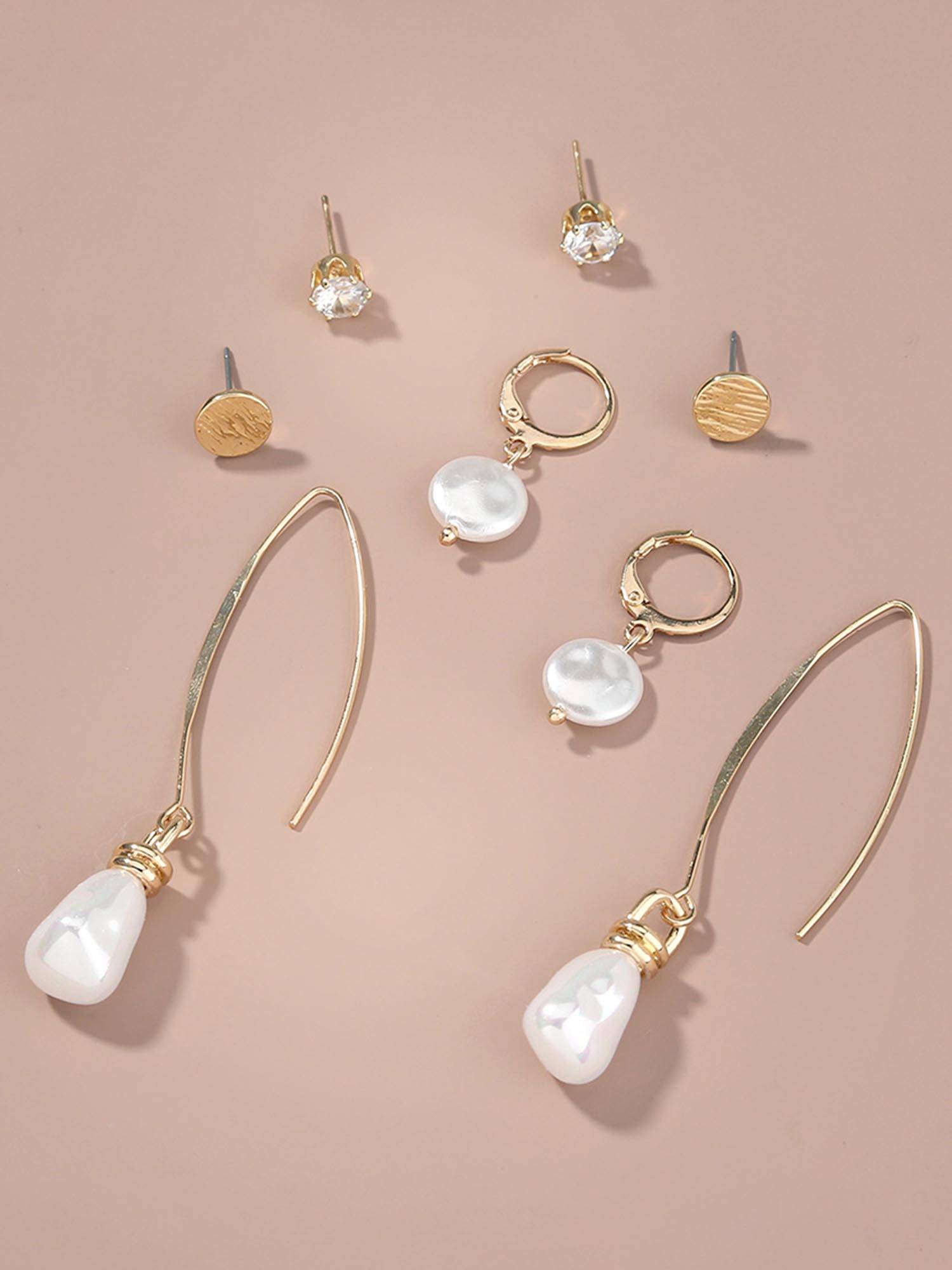 Peora Beads Gold Plated White Stud & Drop Earrings (Pack of 4)