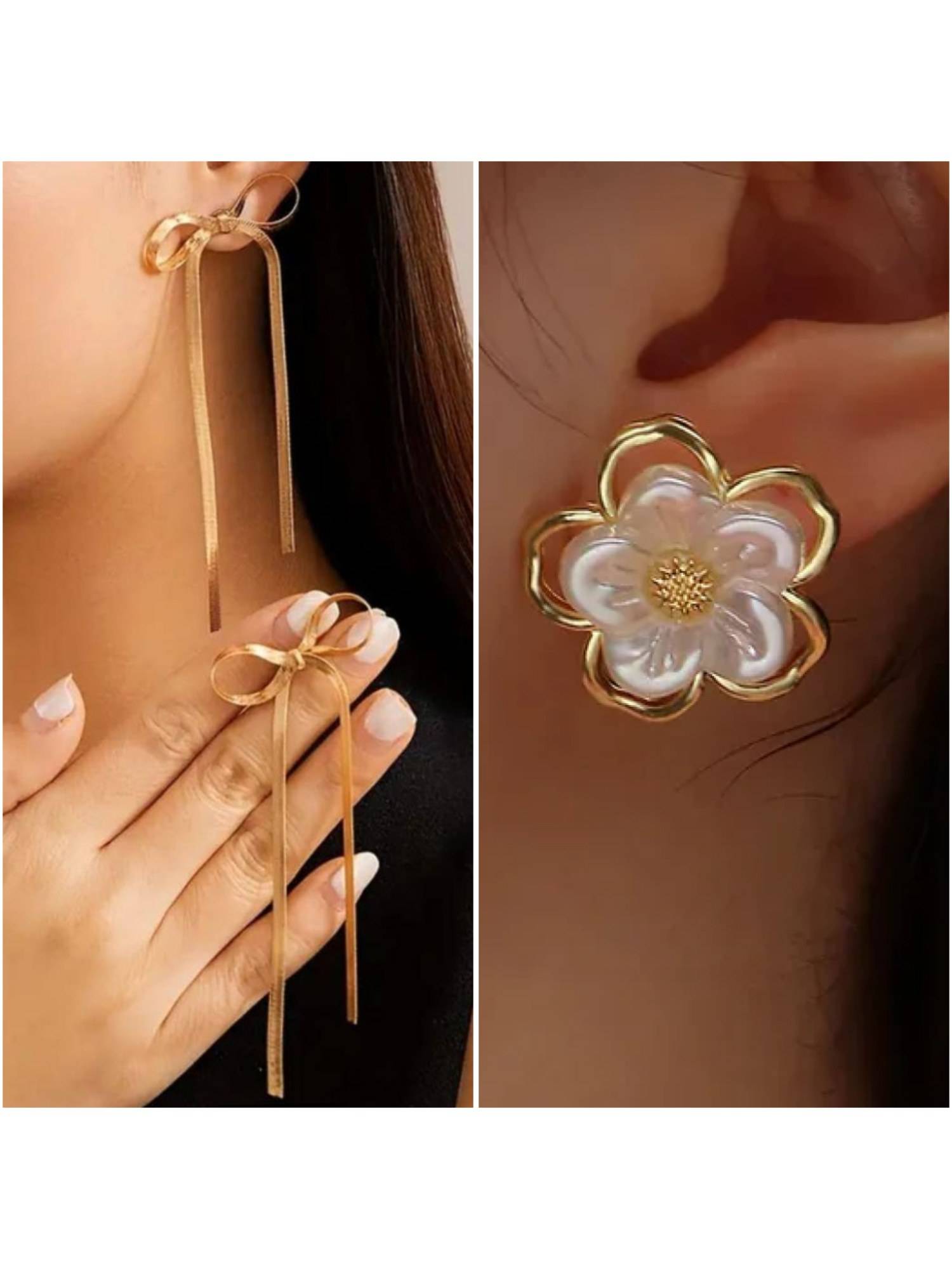 ESTAILO FASHION Glow Blossom Golden Bow Earrings (Pack of 2)