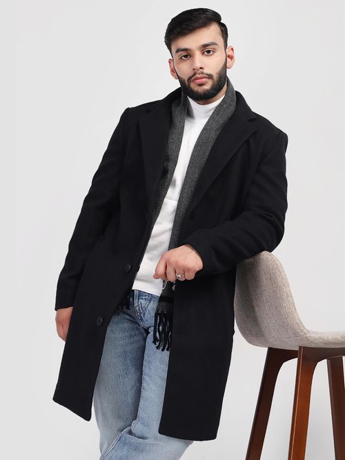 HONNETE Men Casual Regular Fit Black Trench Coat