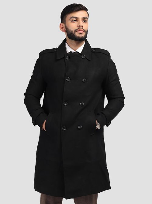 HONNETE Men Casual Regular Fit Black Trench Coat