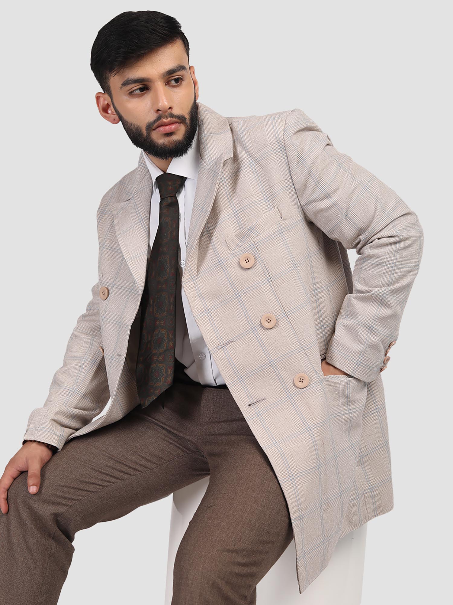 HONNETE Men Casual Regular Fit Beige Check Trench Coat