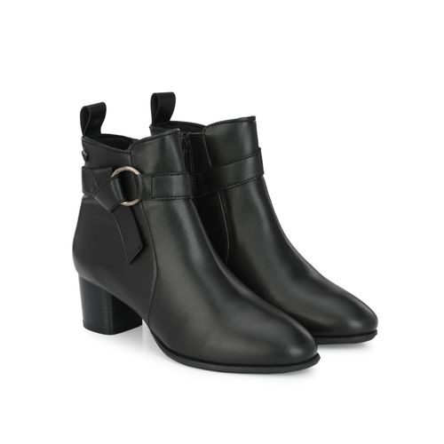 Delize Black Solid Mid Heel Ankle Boots (EURO 38)