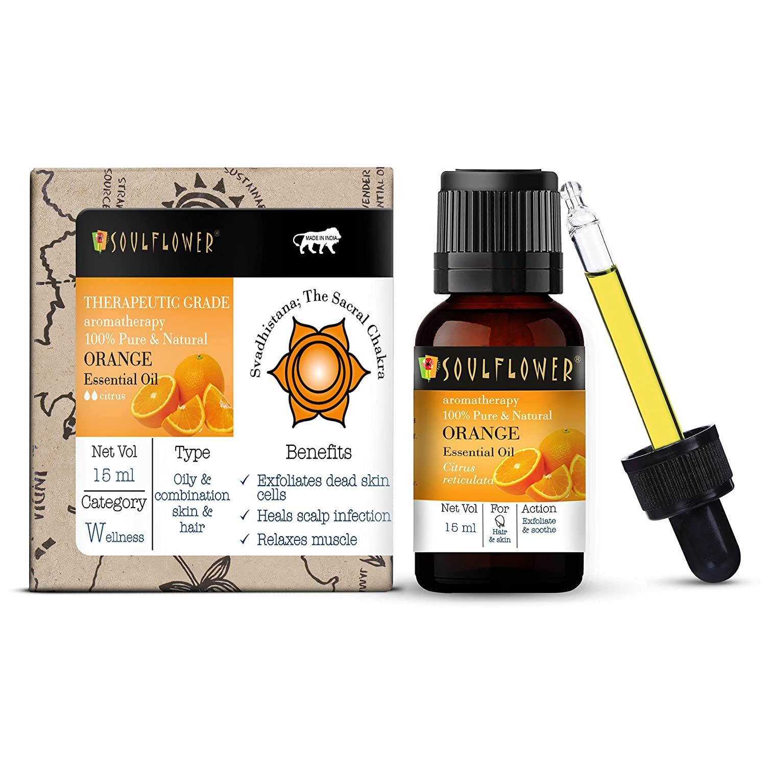 Soulflower Orange Essential Oil 100% Pure, for Skin & Hair Nourishment, Home Diffuser, Aromatherapy